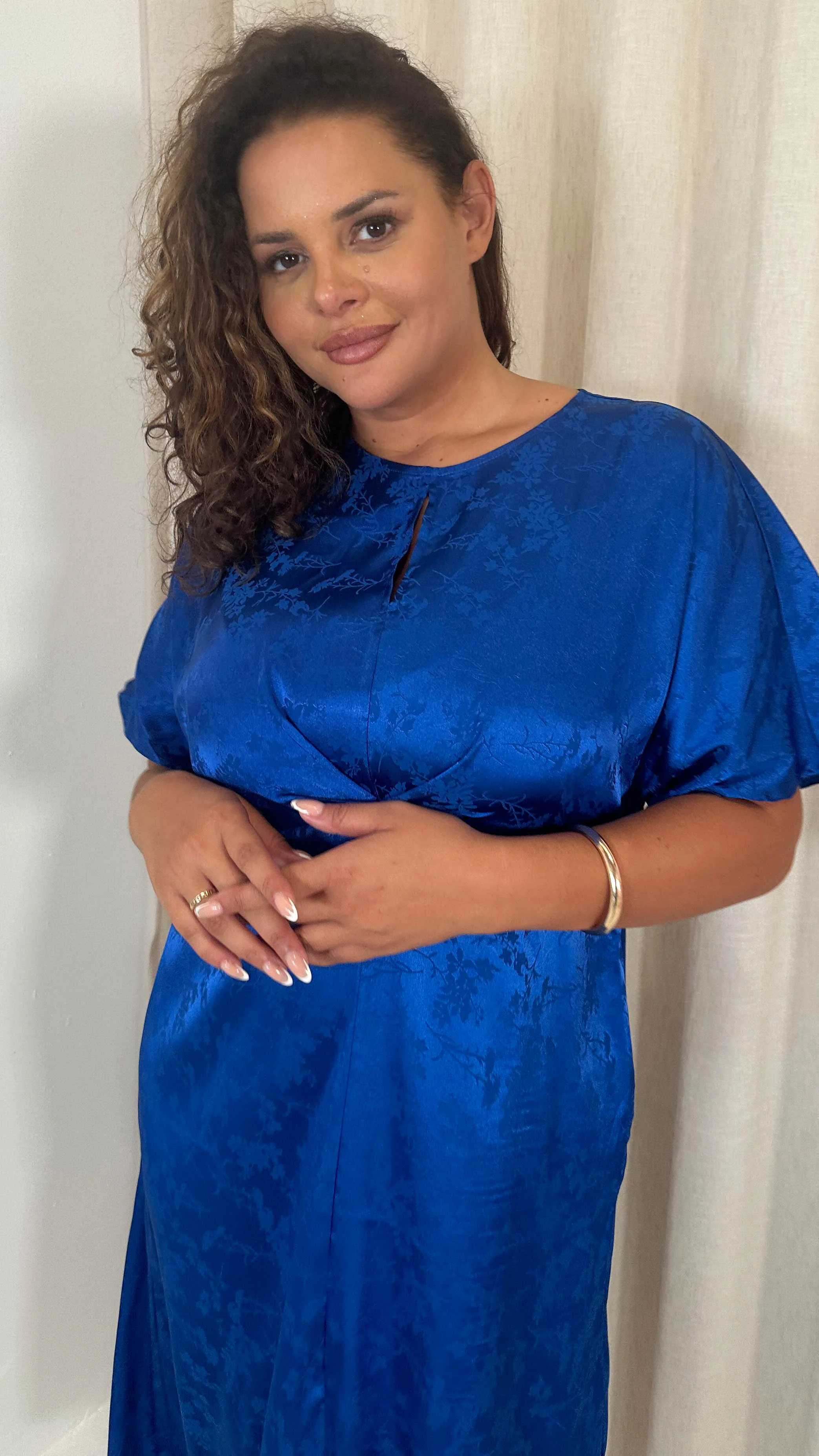 CurveWow Keyhole Oriental Satin Dress Cobalt Blue - Image 2