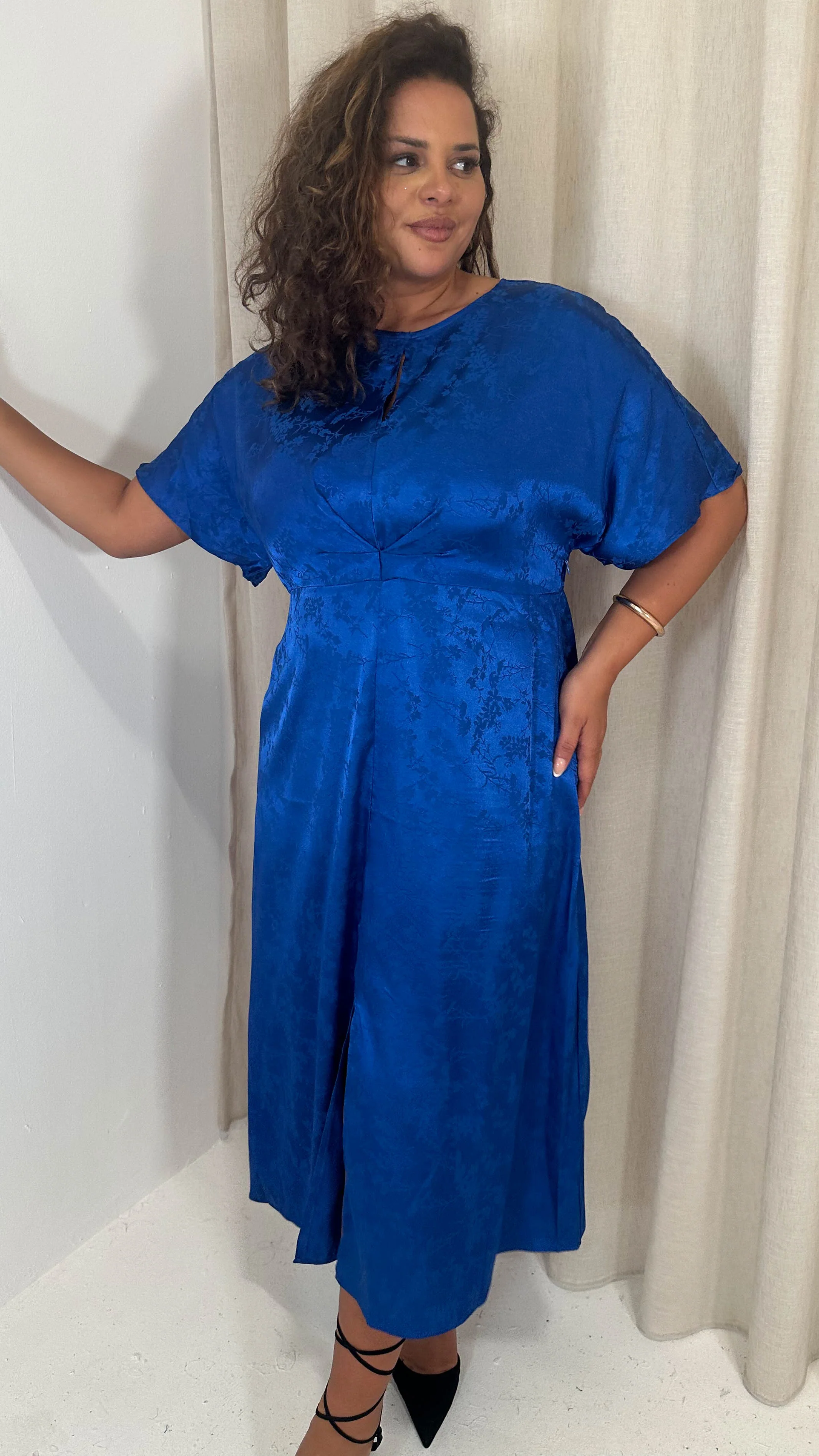 CurveWow Keyhole Oriental Satin Dress Cobalt Blue - Image 3