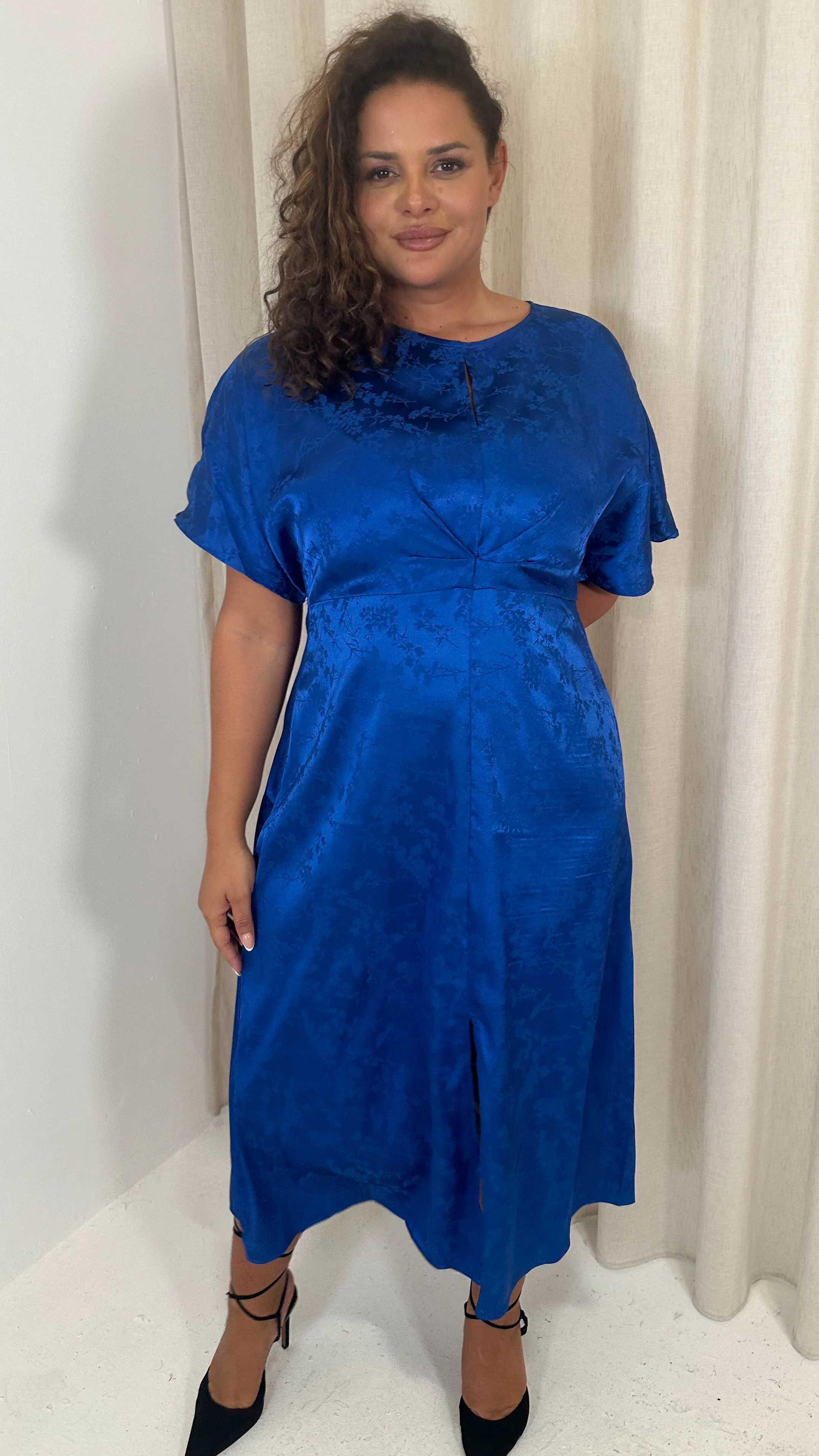 CurveWow Keyhole Oriental Satin Dress Cobalt Blue - Image 5
