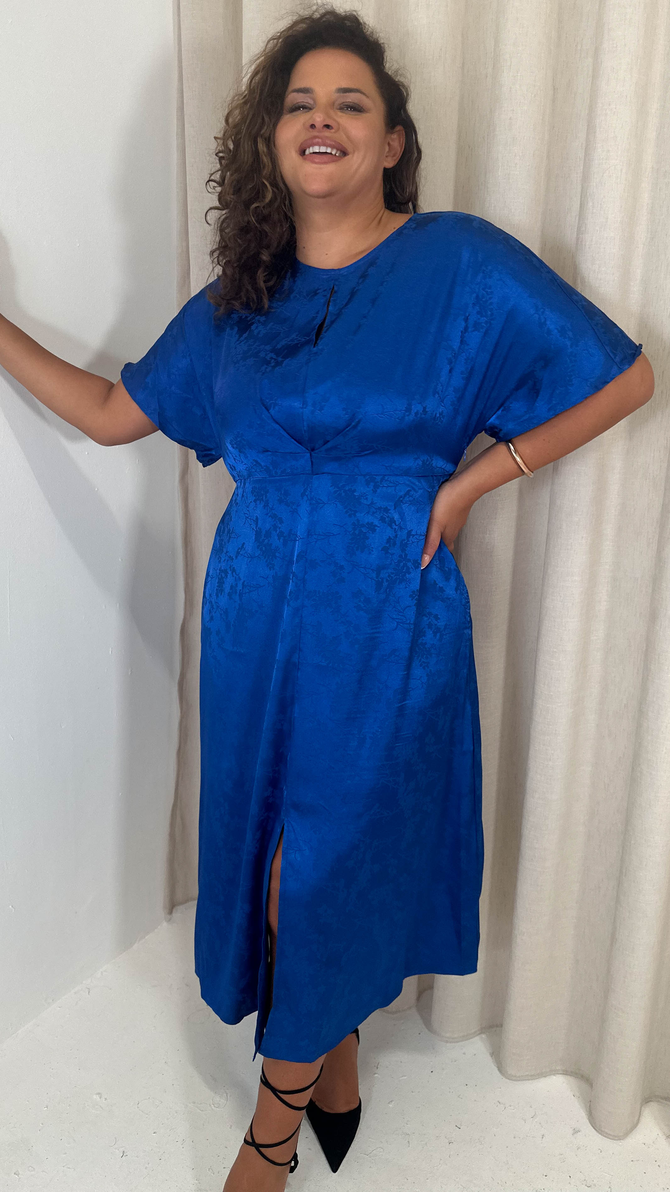 CurveWow Keyhole Oriental Satin Dress Cobalt Blue - Image 6