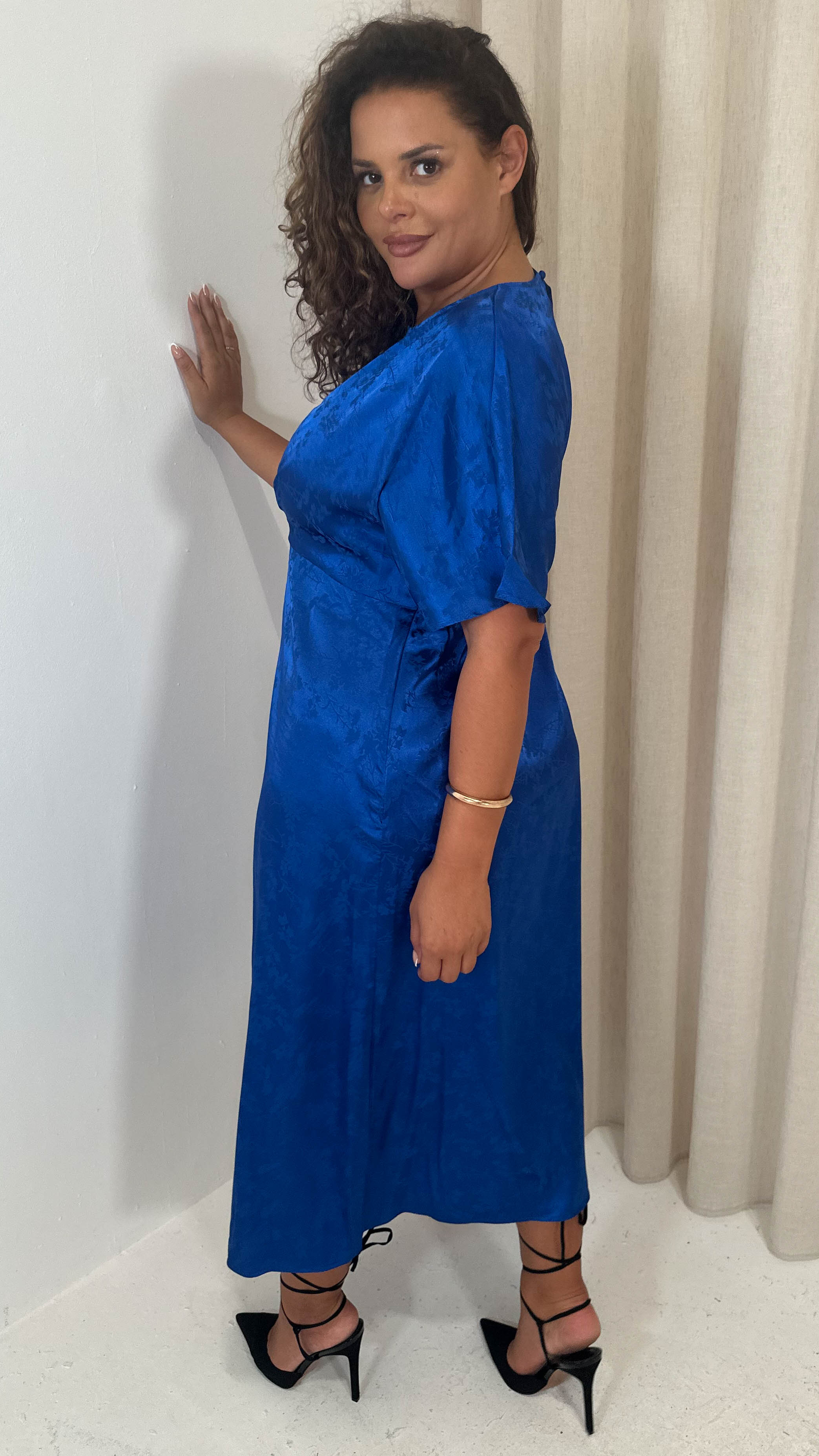 CurveWow Keyhole Oriental Satin Dress Cobalt Blue - Image 8