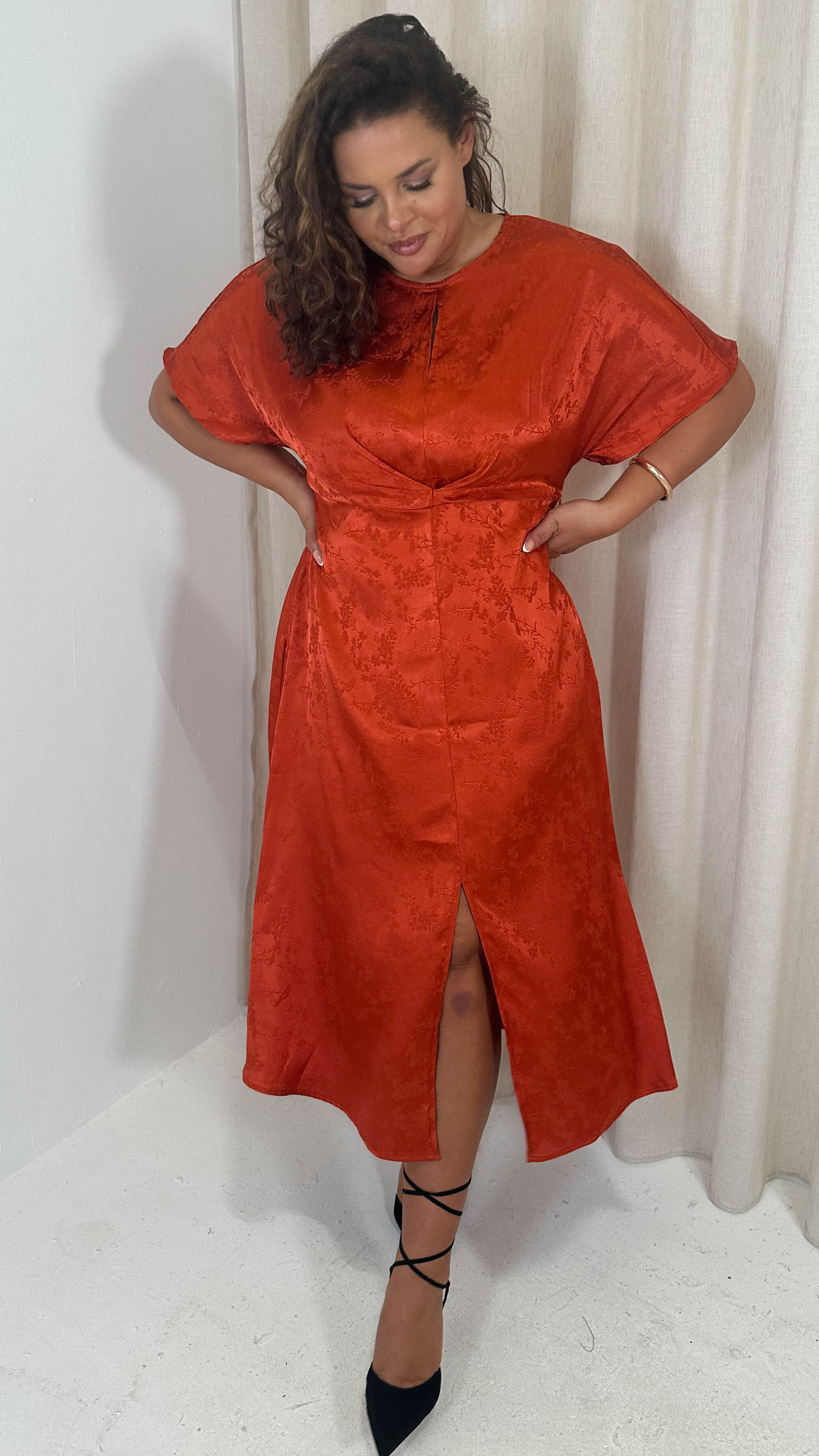 CurveWow Keyhole Oriental Satin Dress Rust - Image 2