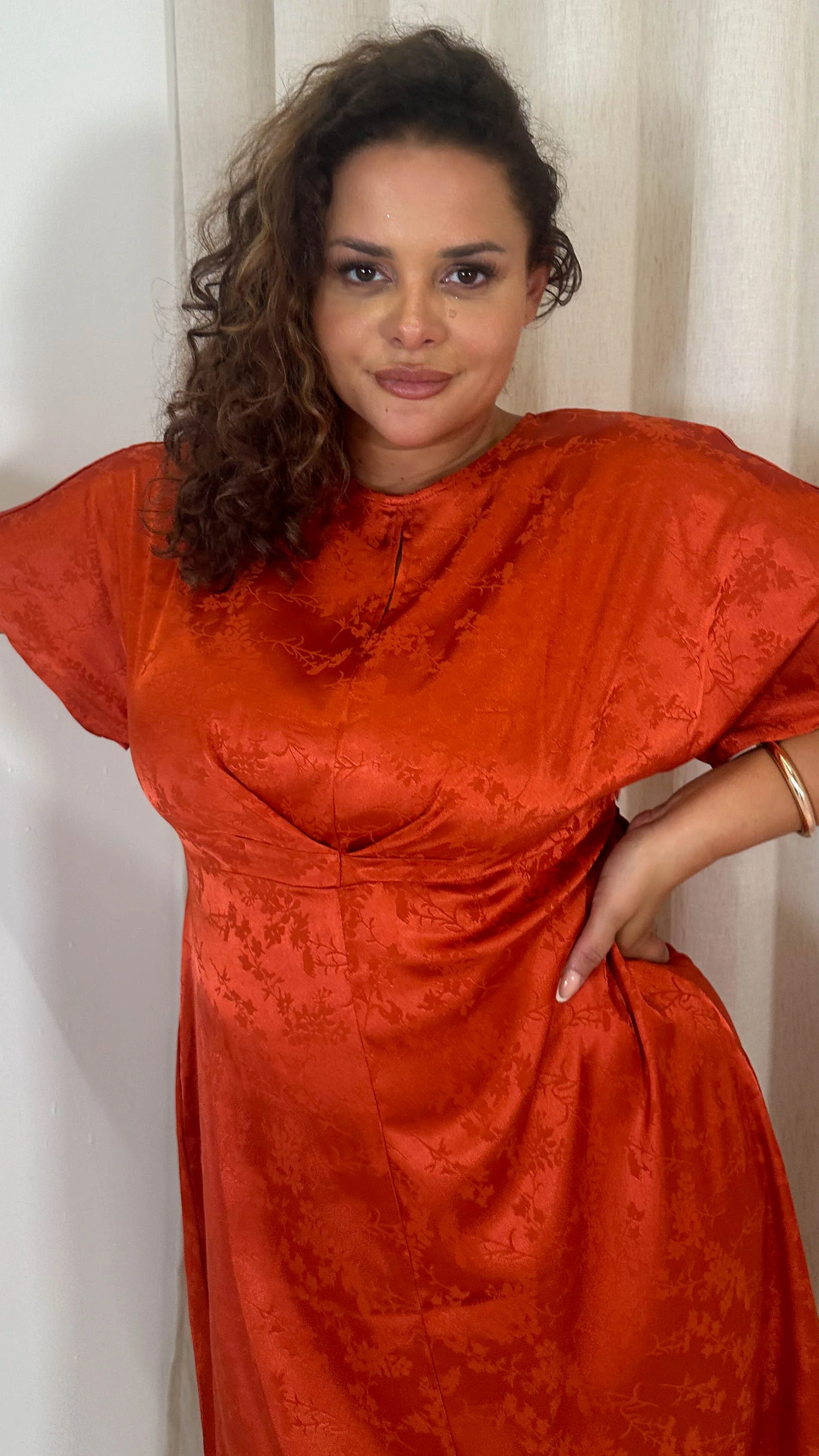 CurveWow Keyhole Oriental Satin Dress Rust - Image 3