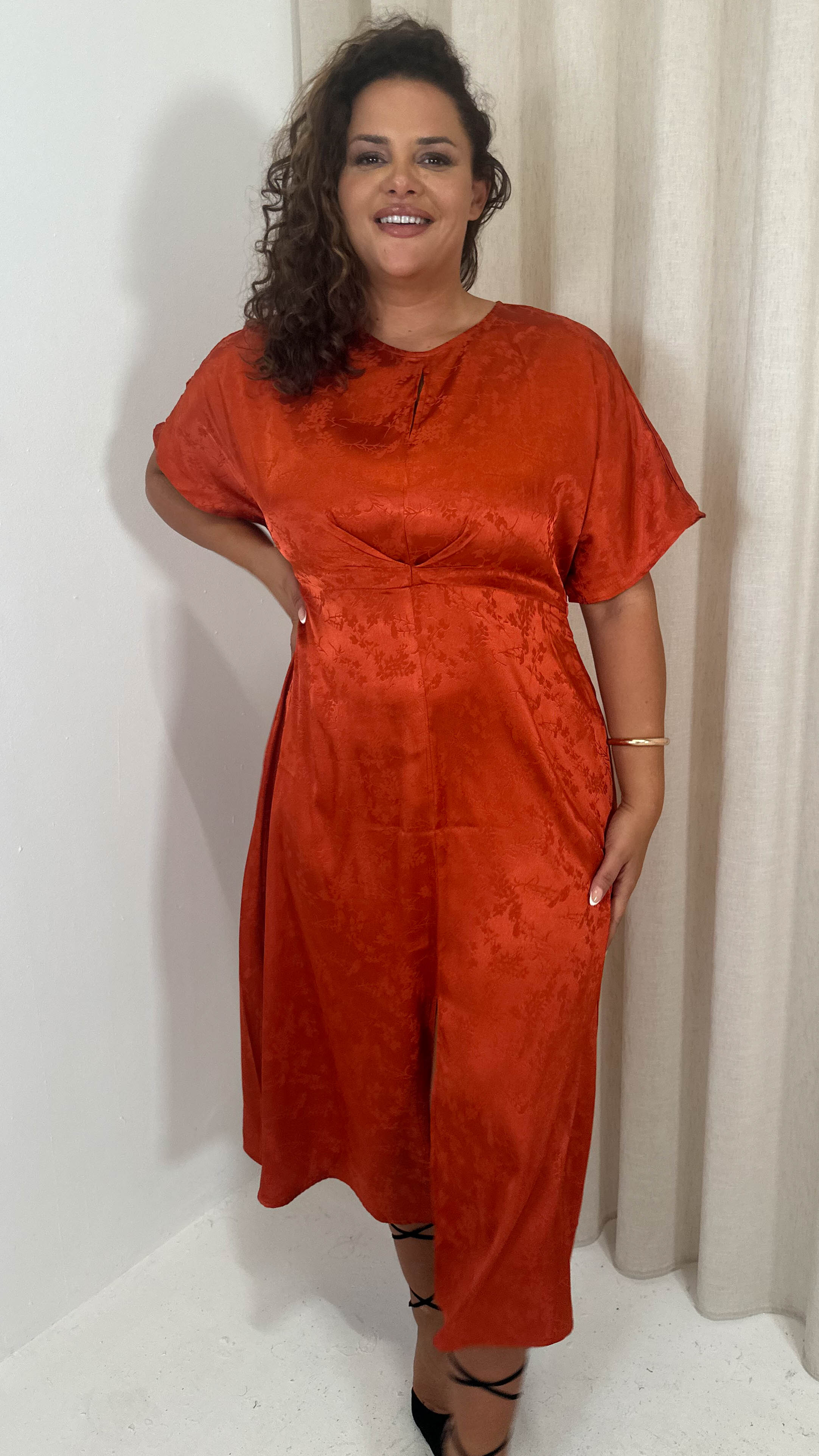 CurveWow Keyhole Oriental Satin Dress Rust - Image 4