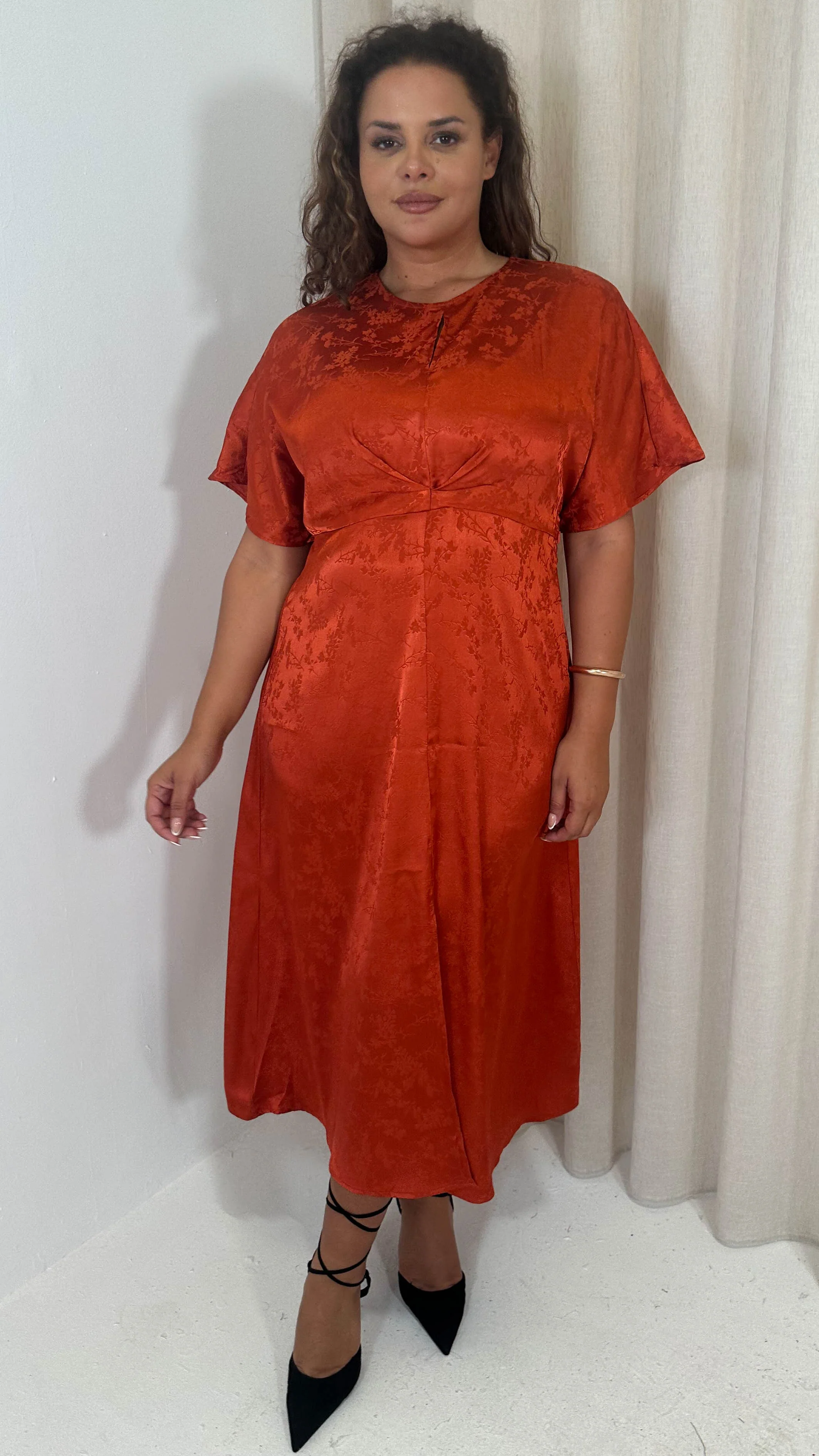 CurveWow Keyhole Oriental Satin Dress Rust - Image 5
