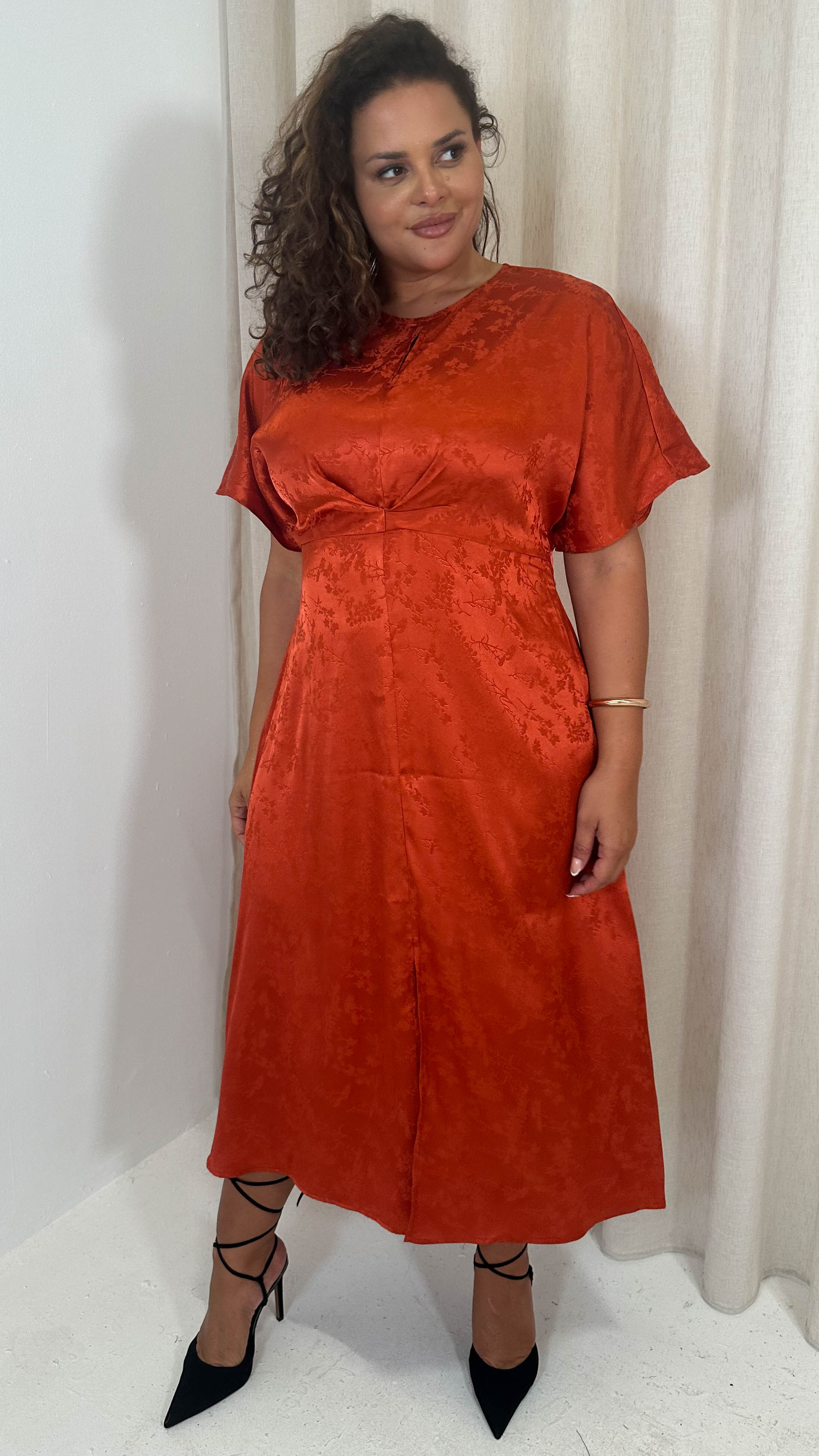 CurveWow Keyhole Oriental Satin Dress Rust - Image 7