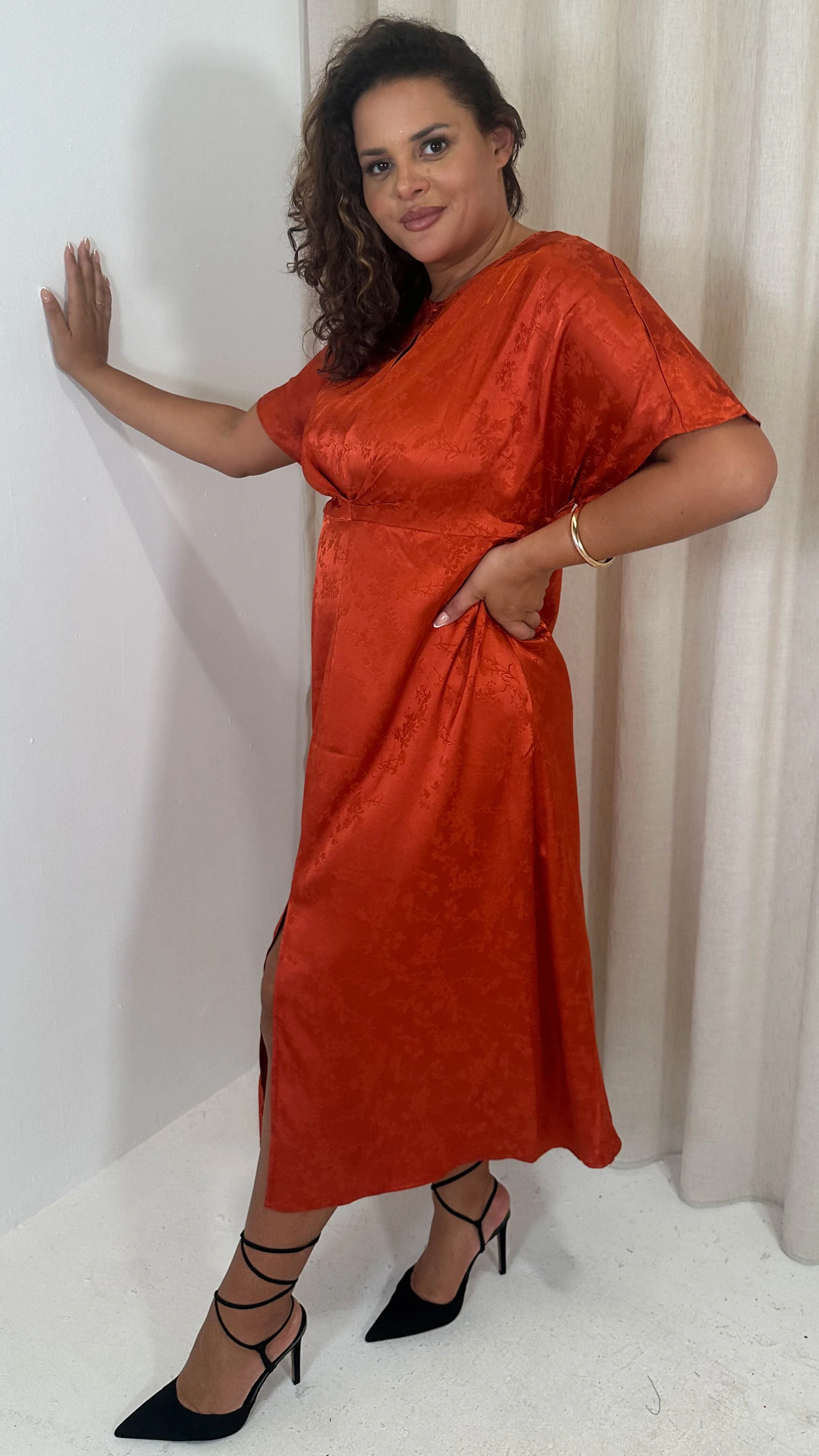 CurveWow Keyhole Oriental Satin Dress Rust - Image 8