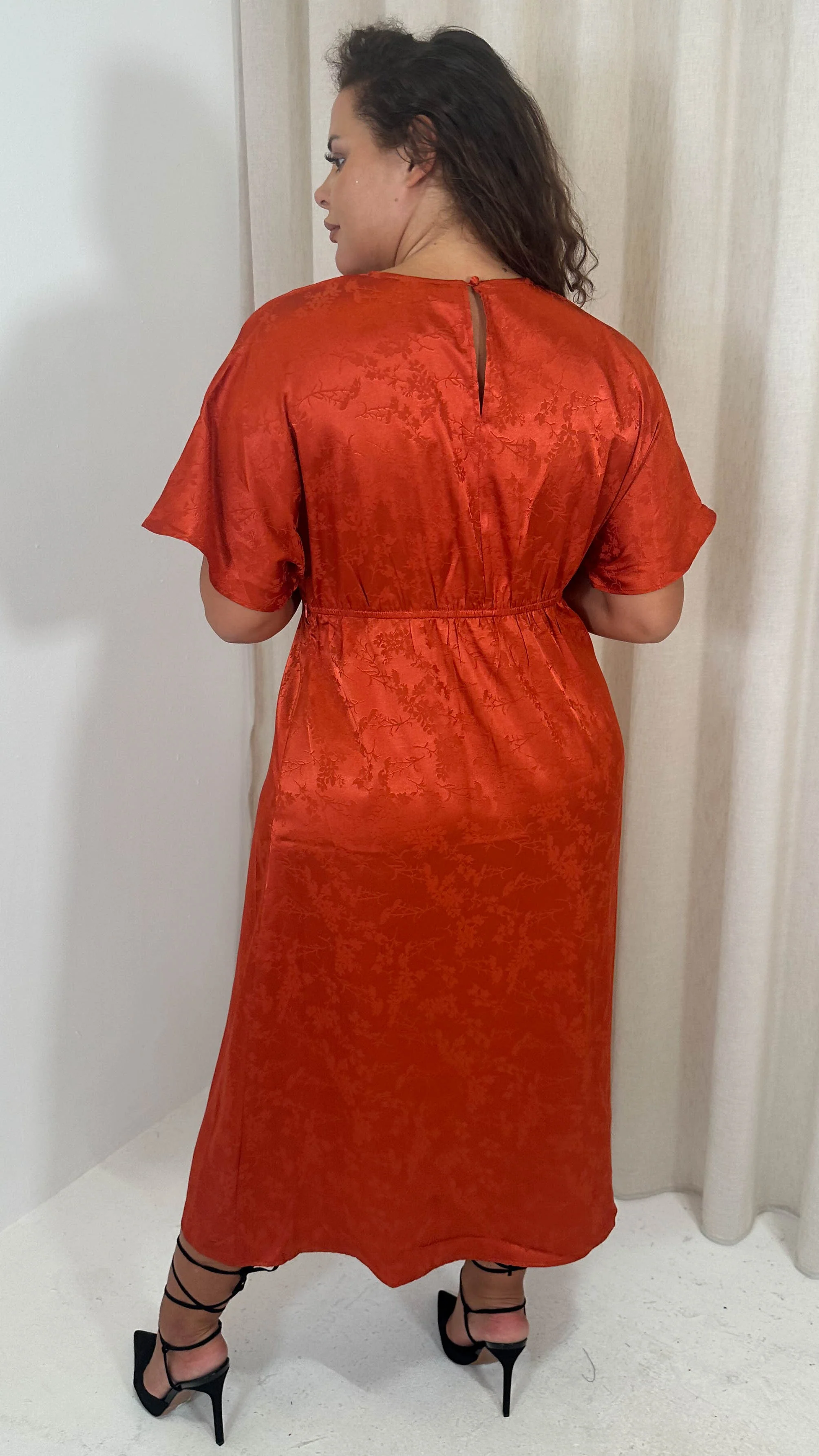 CurveWow Keyhole Oriental Satin Dress Rust - Image 9