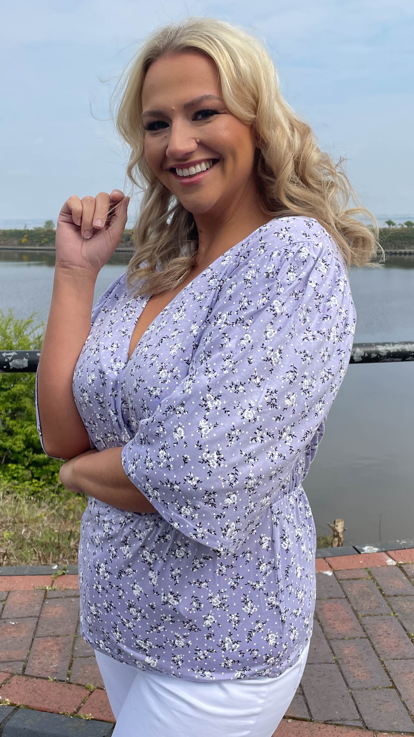 CurveWow Kimono Short Sleeve Top Lilac Floral - Image 6