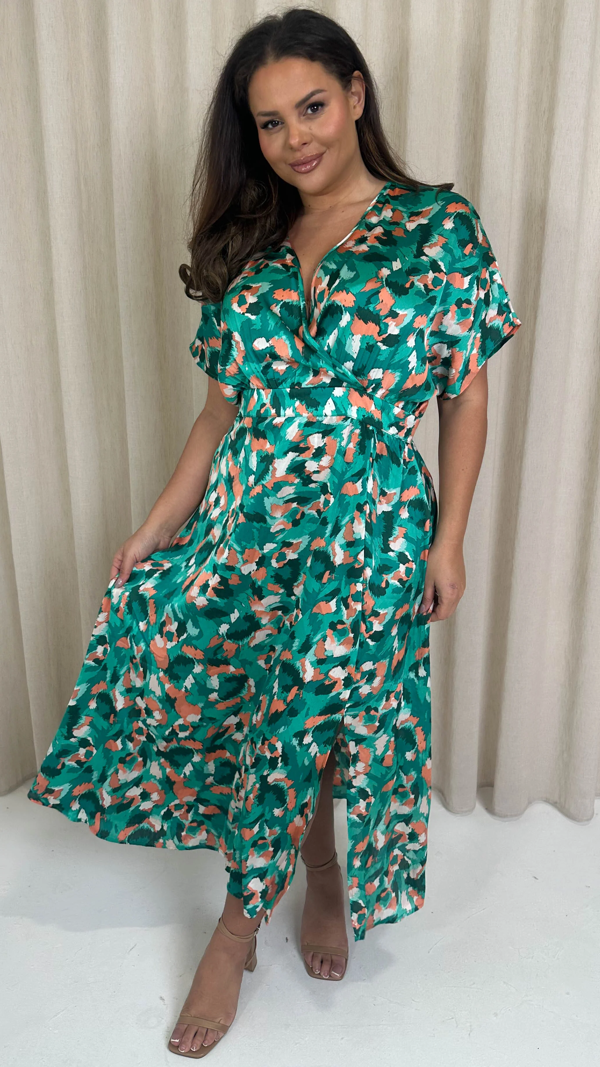CurveWow Kimono Split Leg Maxi Dress Turquoise Animal - Image 5