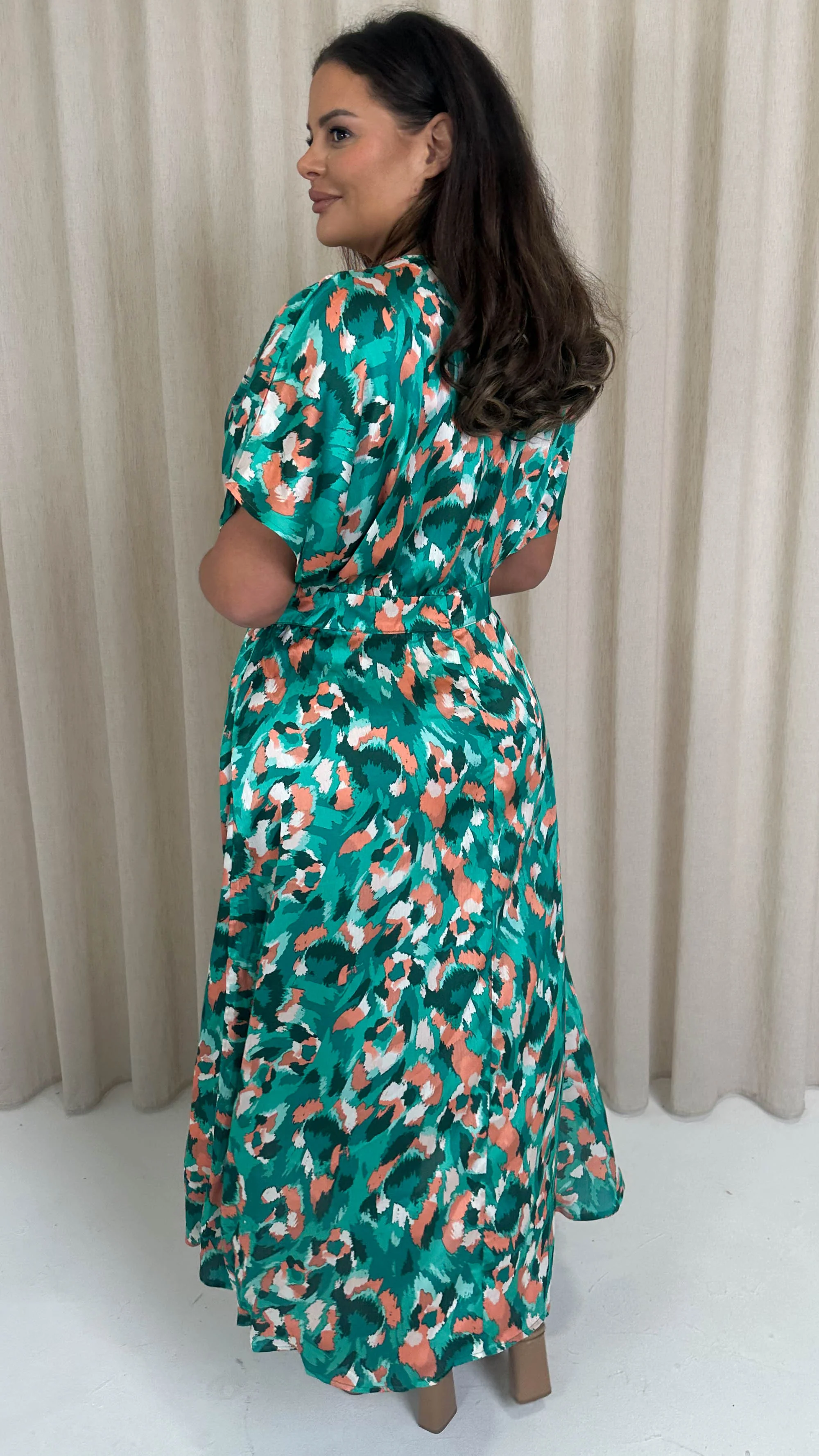 CurveWow Kimono Split Leg Maxi Dress Turquoise Animal - Image 7