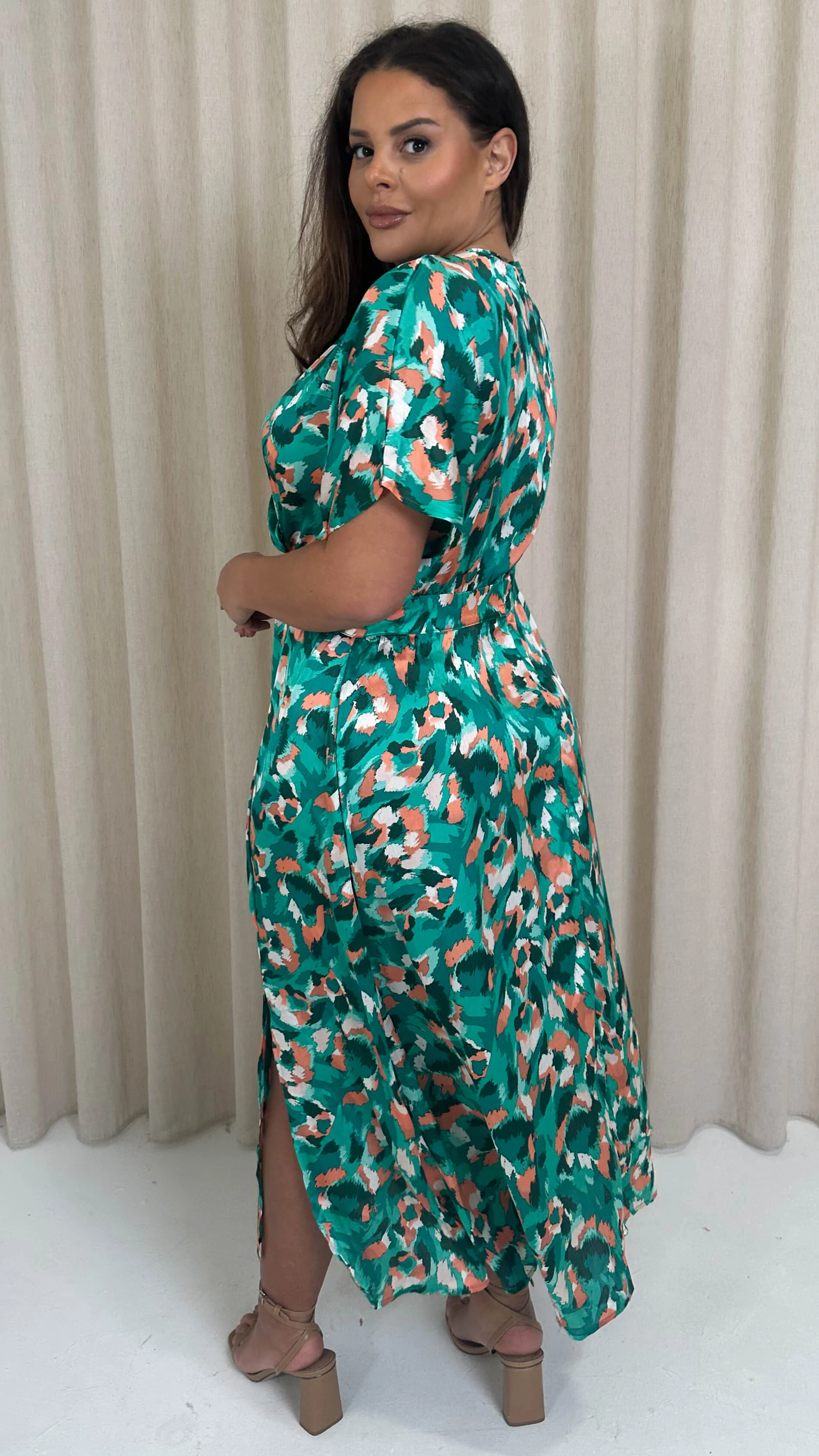 CurveWow Kimono Split Leg Maxi Dress Turquoise Animal - Image 8