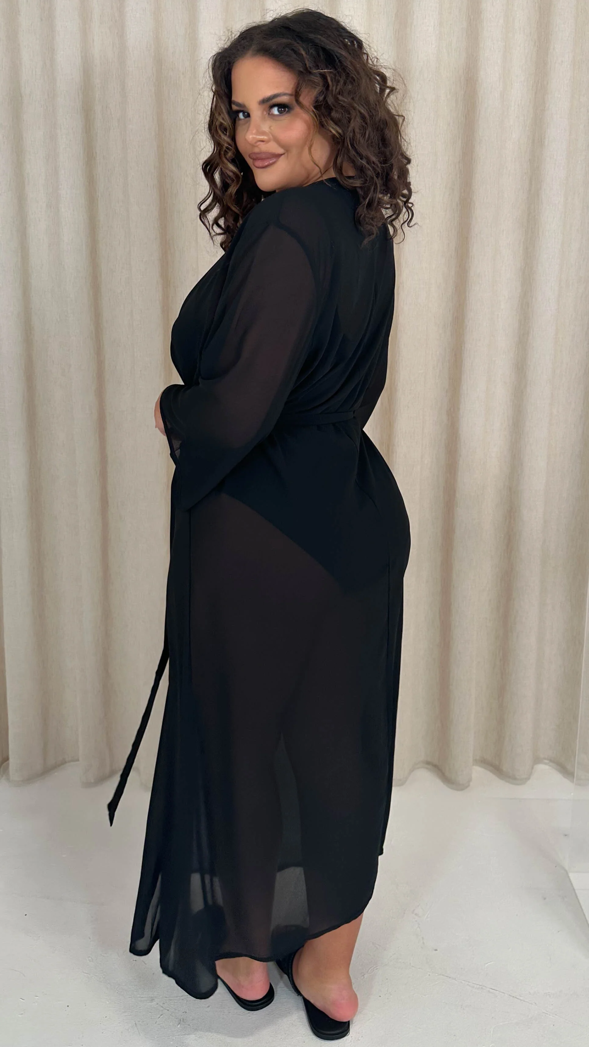 CurveWow Kimono Tie Waist Cover Up Black - Image 7