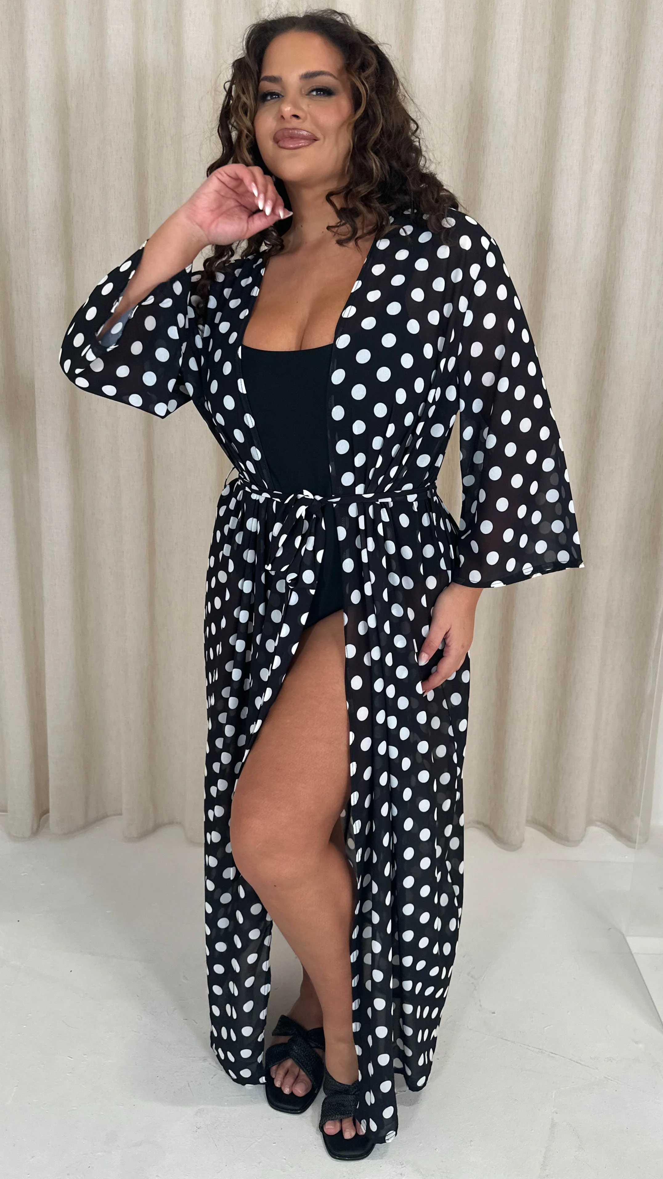 CurveWow Kimono Tie Waist Cover Up Black Polka Dot - Image 3