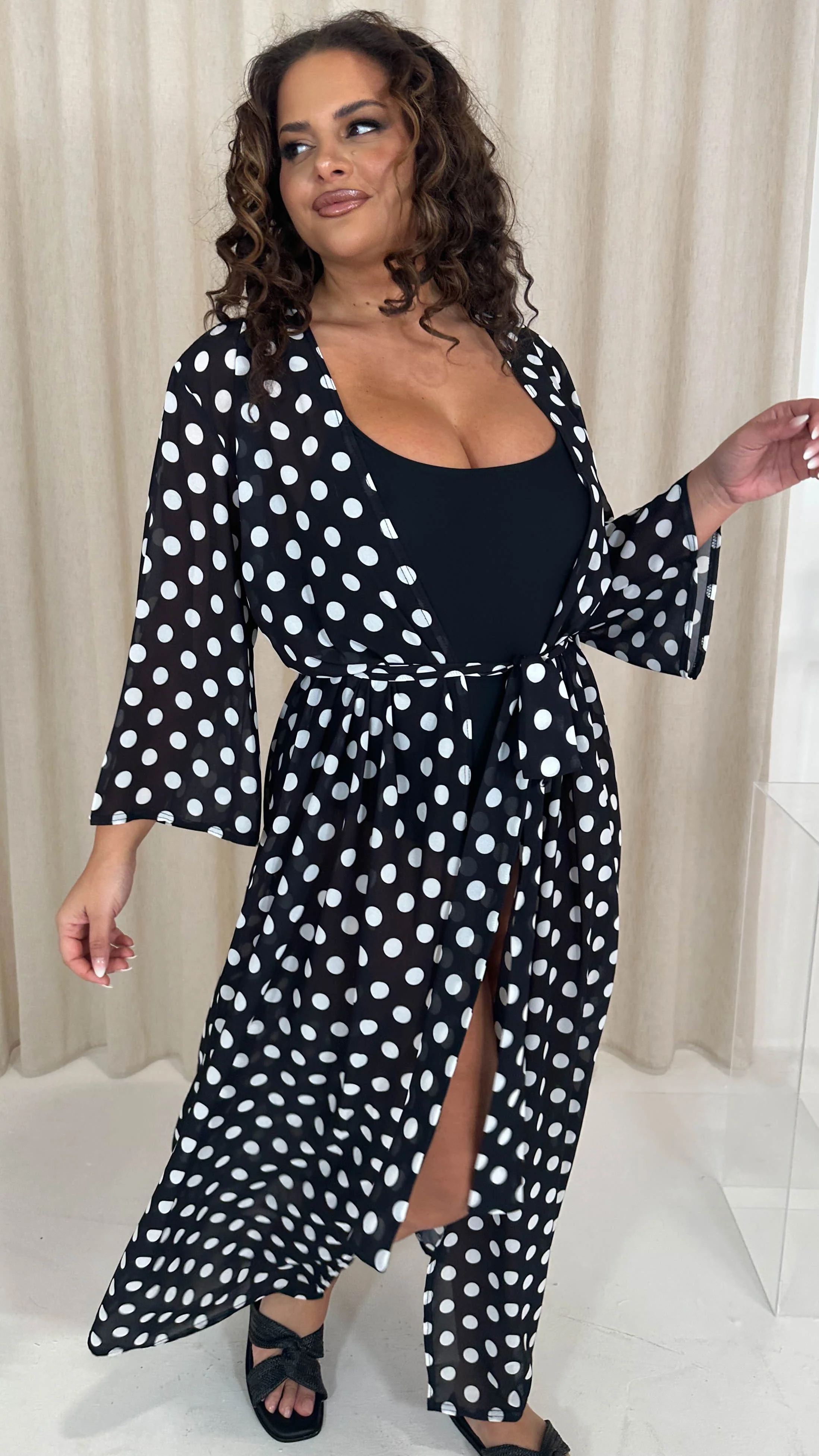 CurveWow Kimono Tie Waist Cover Up Black Polka Dot - Image 4
