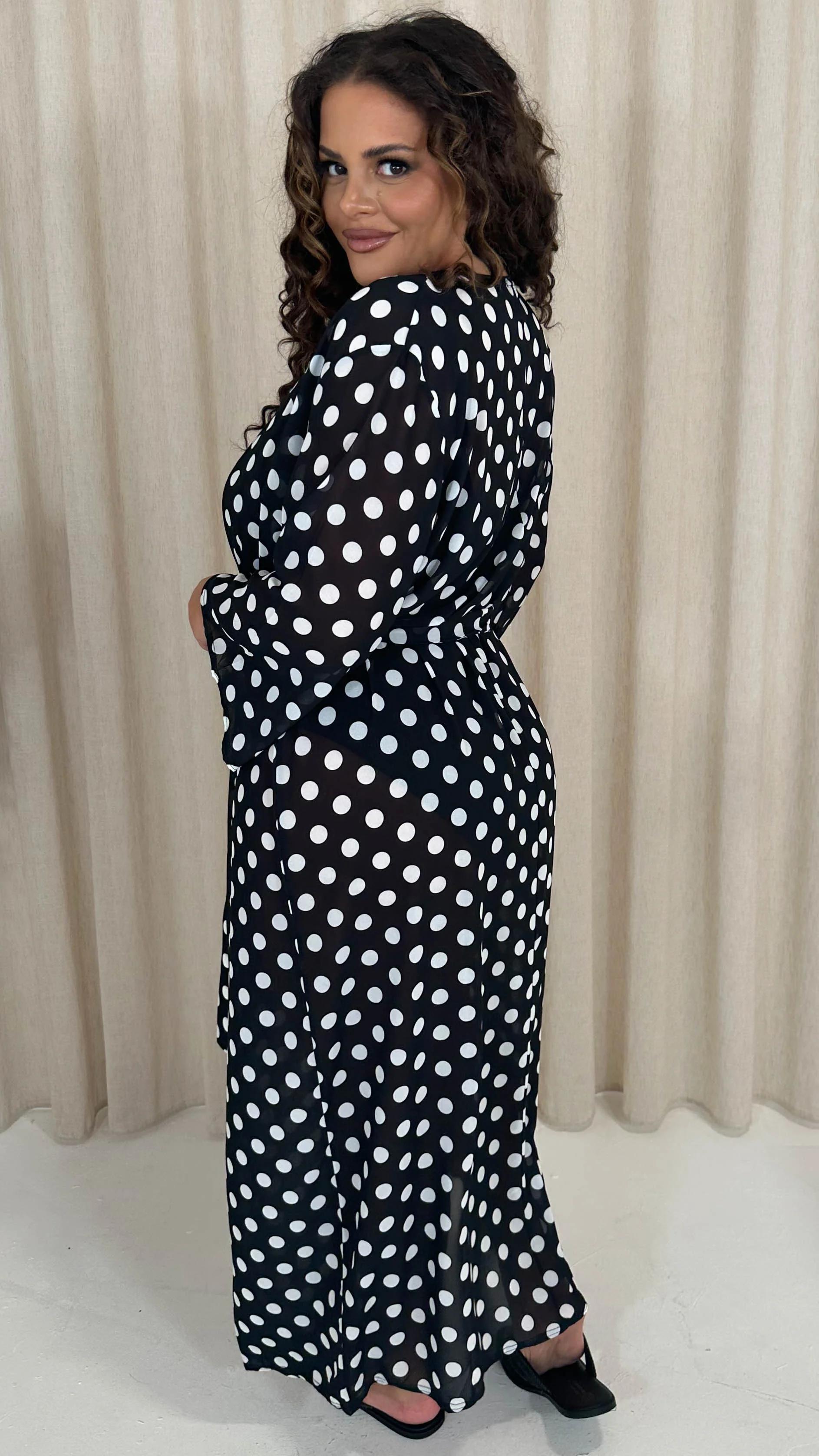CurveWow Kimono Tie Waist Cover Up Black Polka Dot - Image 8