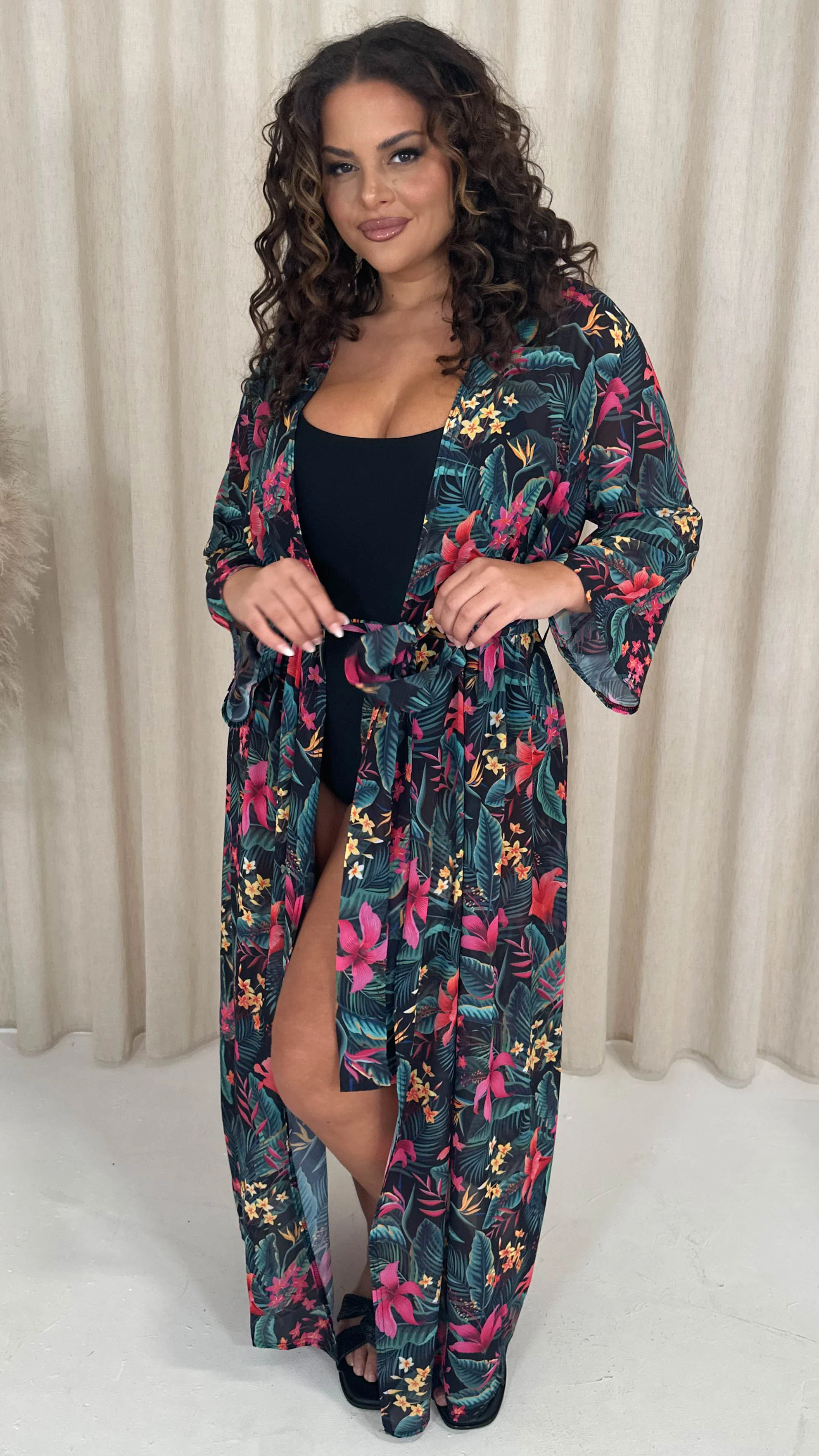 CurveWow Kimono Tie Waist Cover Up Black Tropical - Image 5