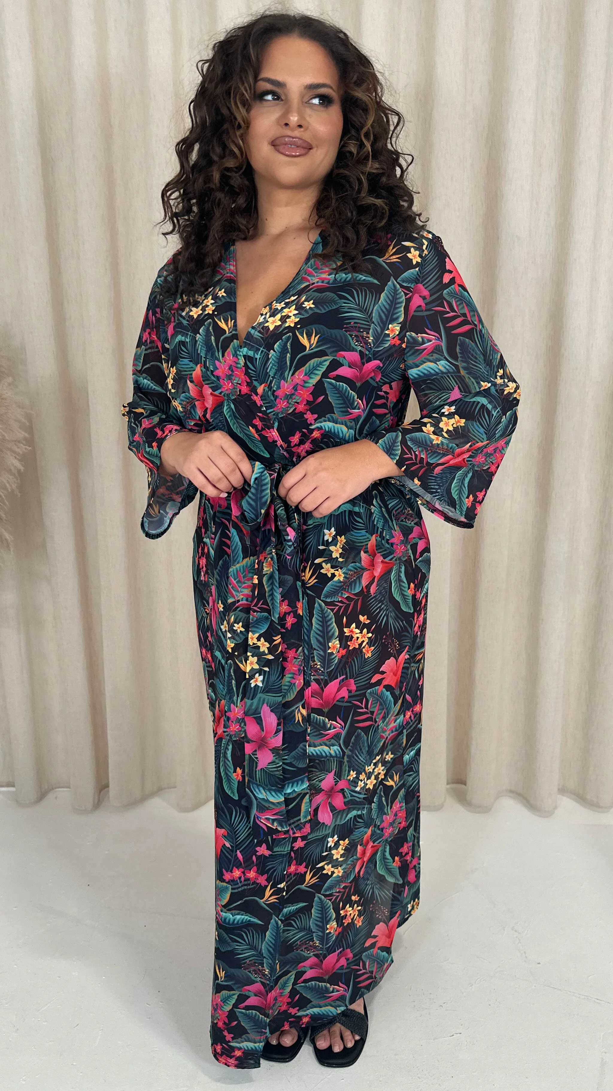 CurveWow Kimono Tie Waist Cover Up Black Tropical - Image 7