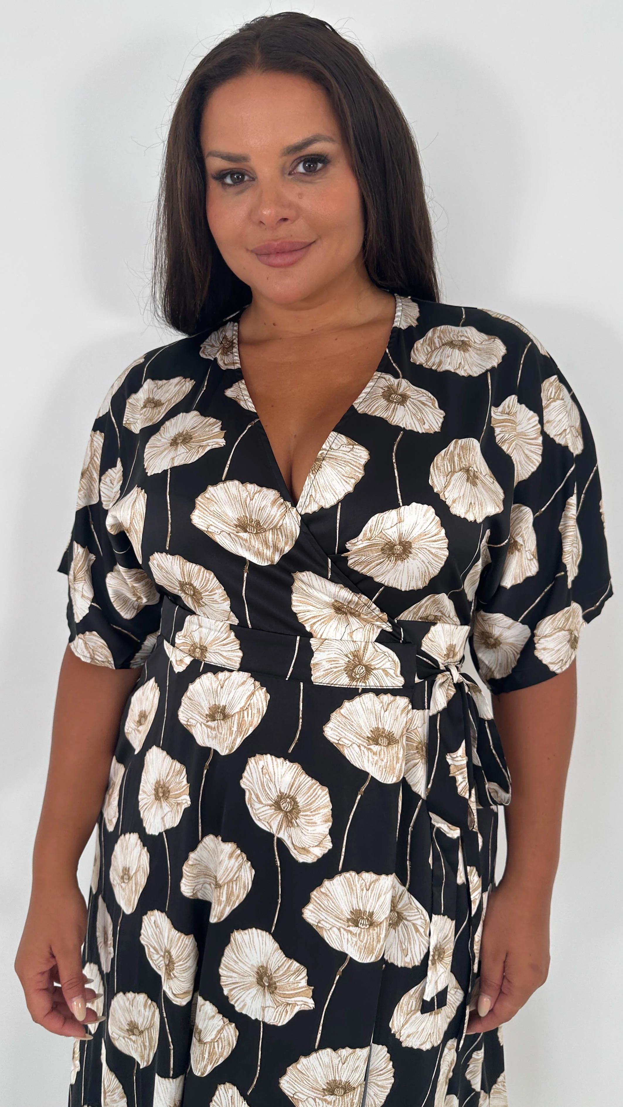 CurveWow Kimono Wrap Midaxi Dress White Poppy - Image 2