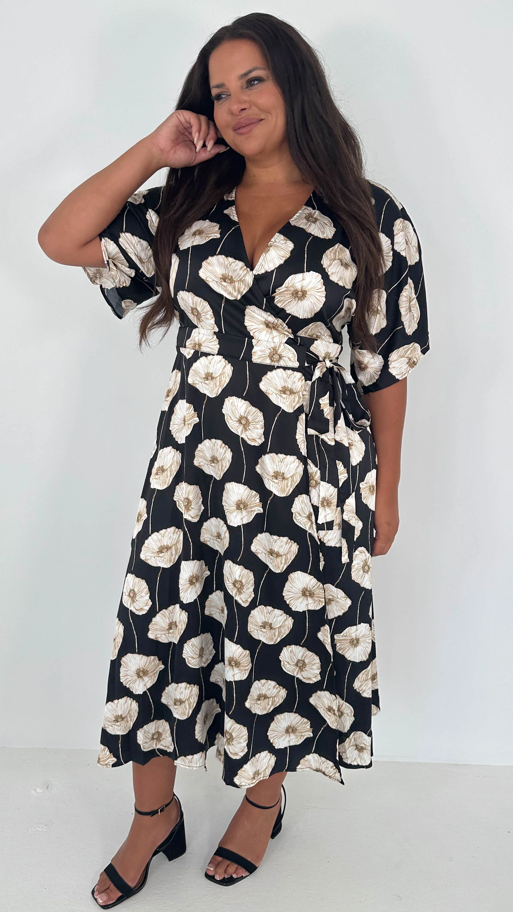 CurveWow Kimono Wrap Midaxi Dress White Poppy - Image 5