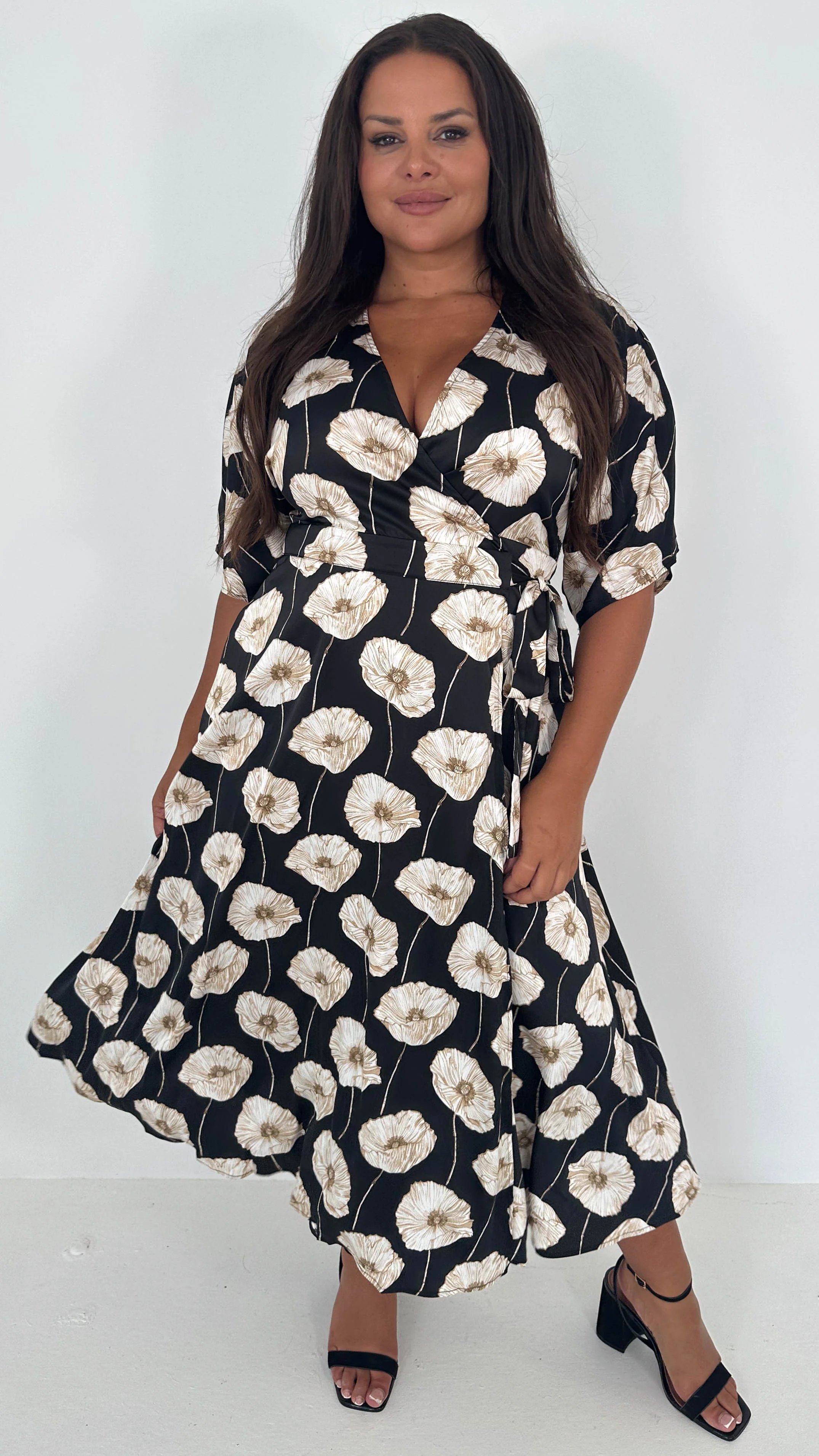 CurveWow Kimono Wrap Midaxi Dress White Poppy - Image 6