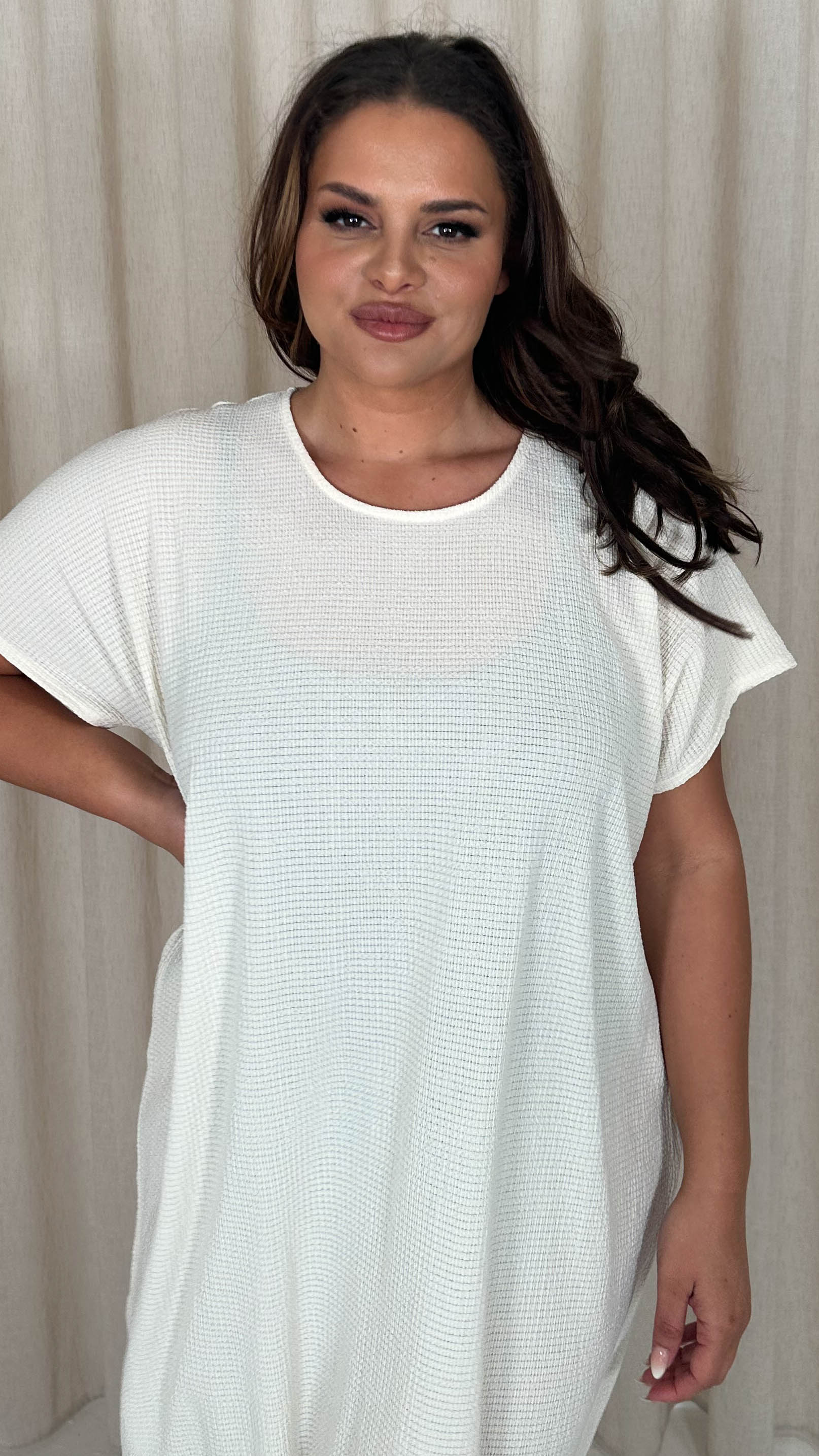 CurveWow Knit Drop Shoulder Maxi T-Shirt Dress Cream - Image 4
