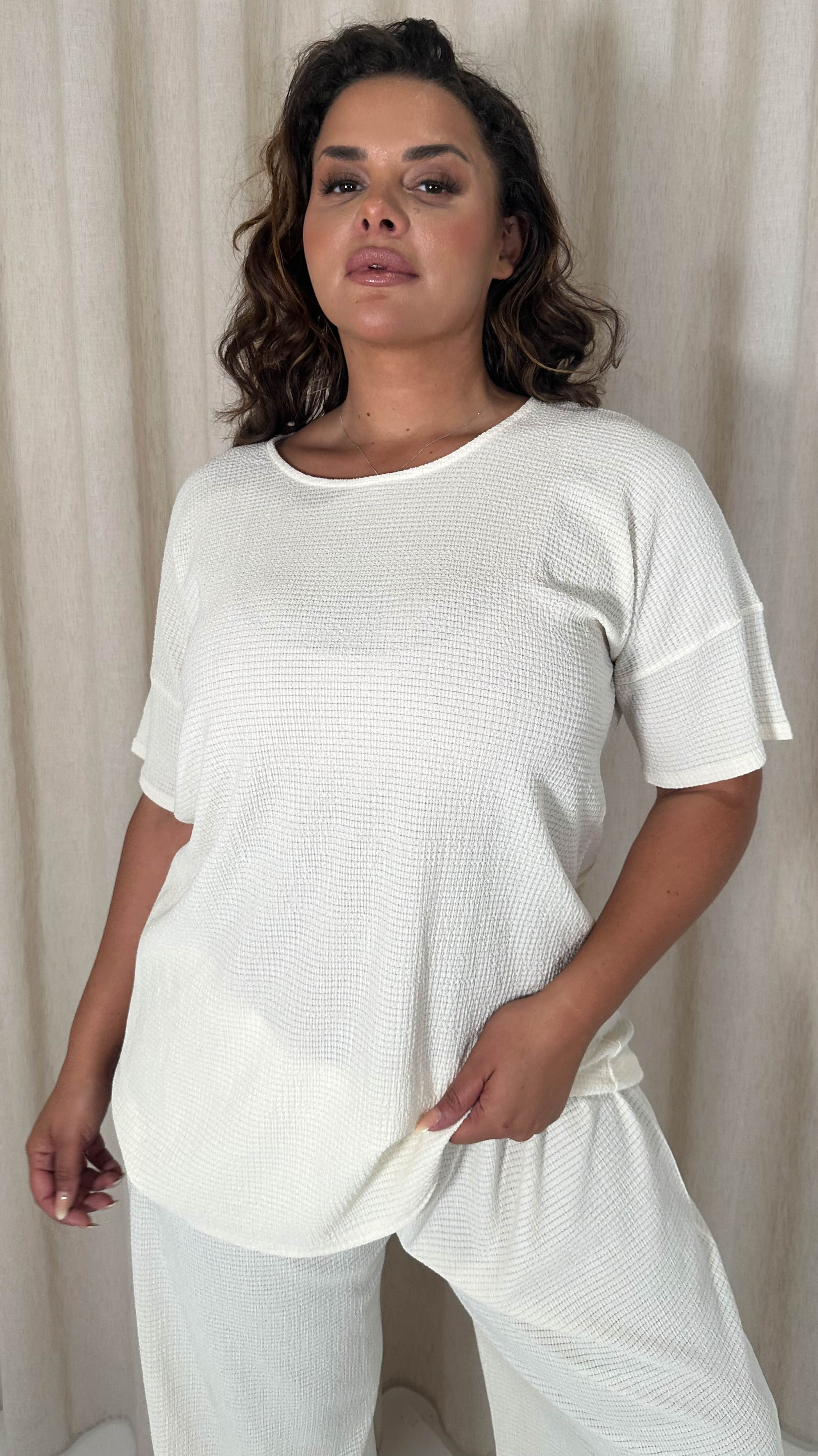 CurveWow Knit Drop Shoulder Tunic Top Cream - Image 3
