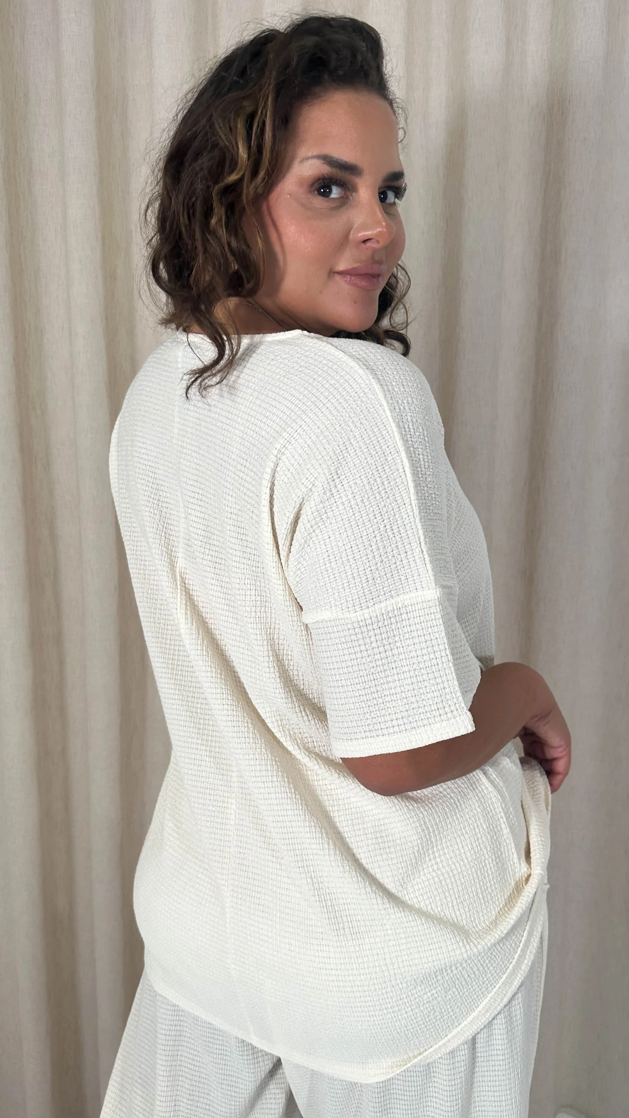 CurveWow Knit Drop Shoulder Tunic Top Cream - Image 9
