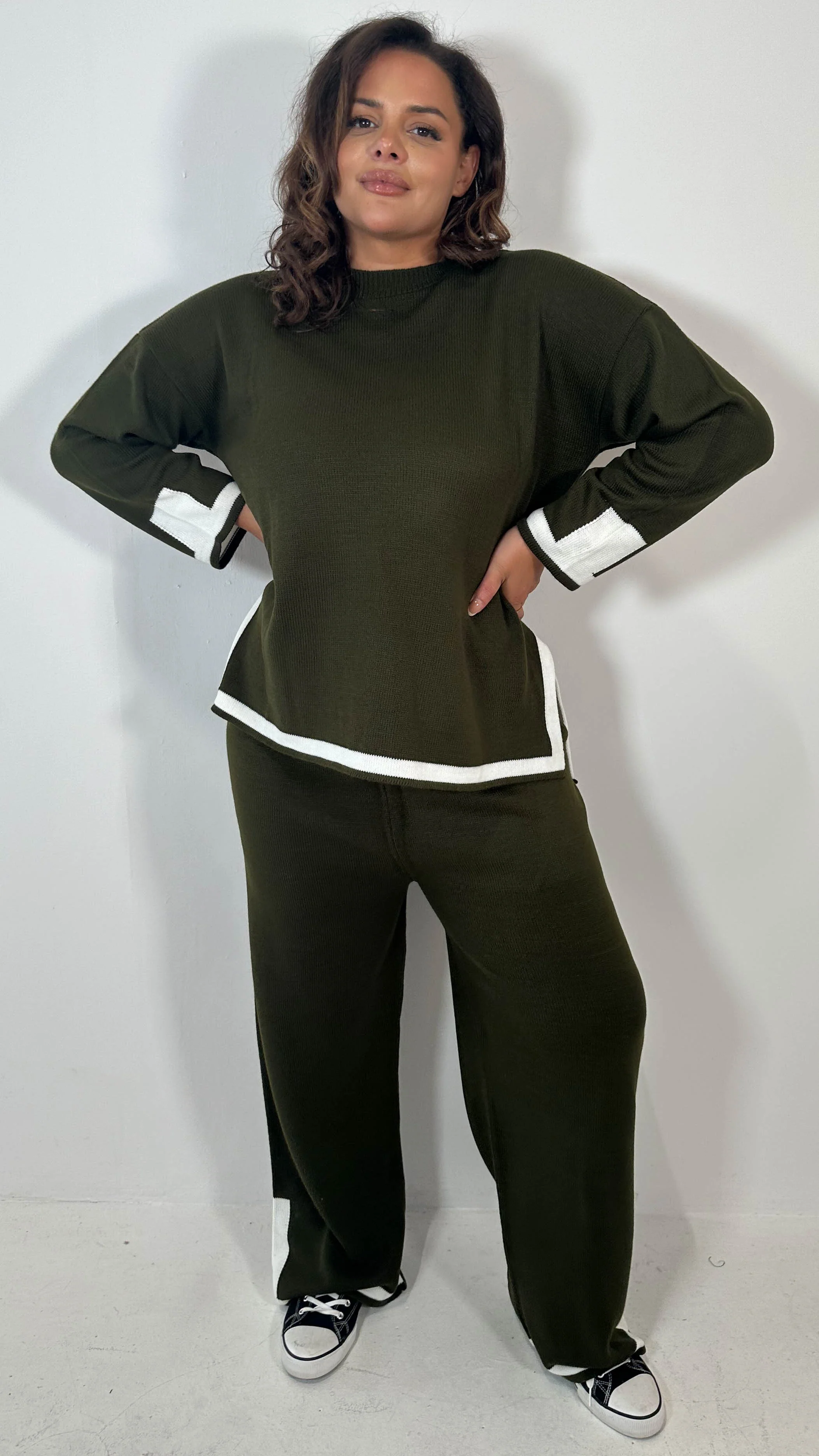 CurveWow Knitted Stripe Hem Co-Ord Khaki - Image 6