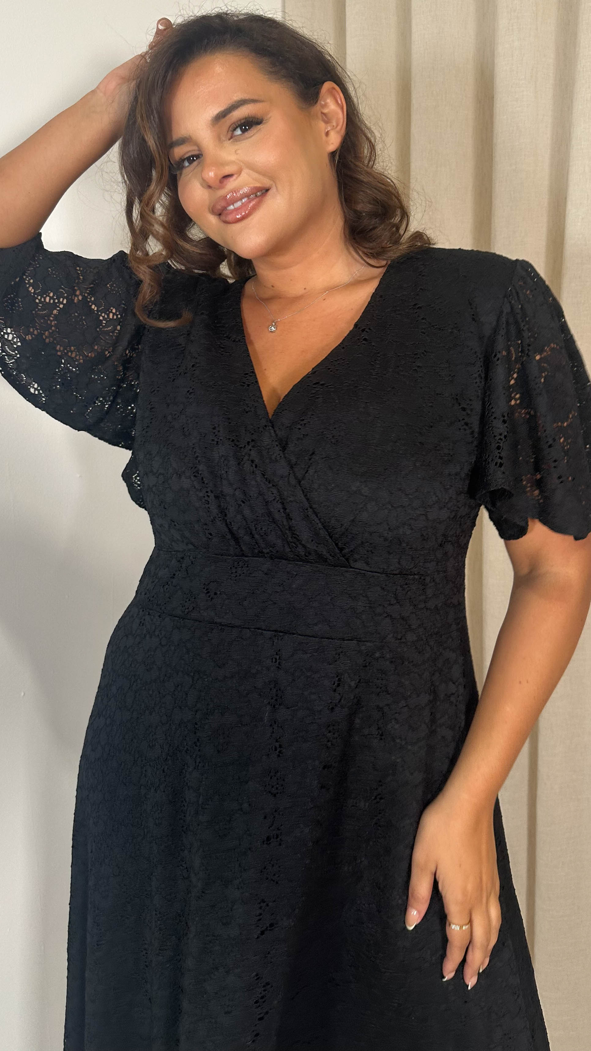 CurveWow Lace Angel Sleeve Dress Black - Image 2