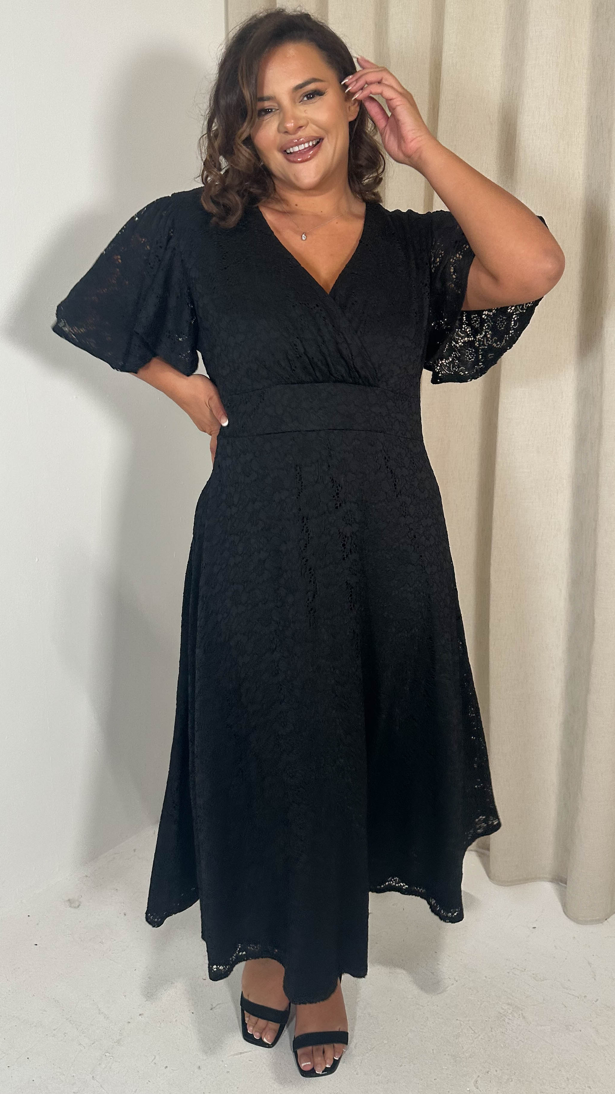 CurveWow Lace Angel Sleeve Dress Black - Image 3