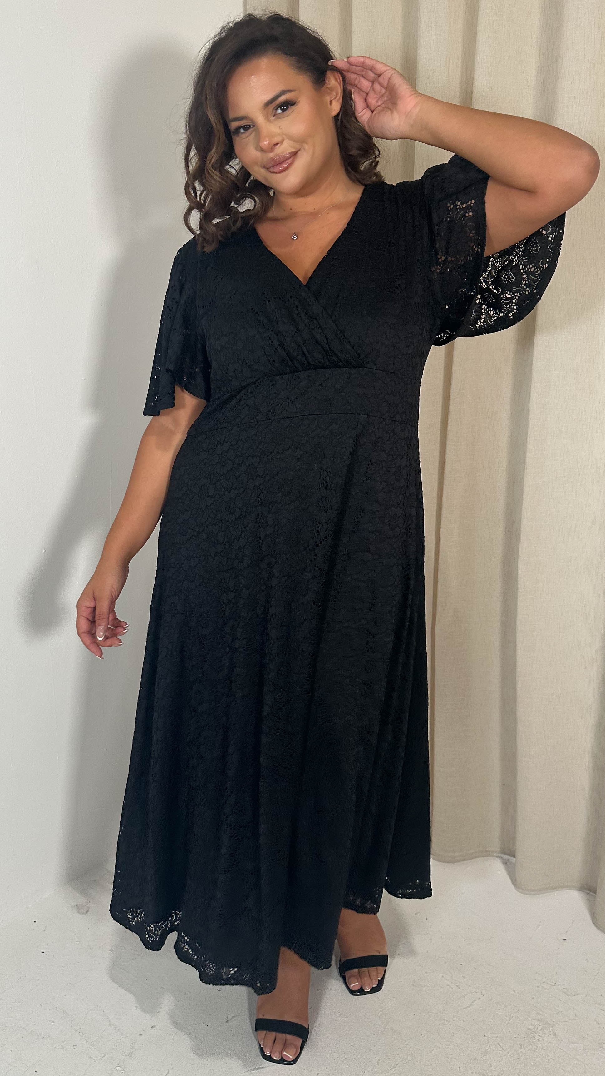 CurveWow Lace Angel Sleeve Dress Black - Image 5
