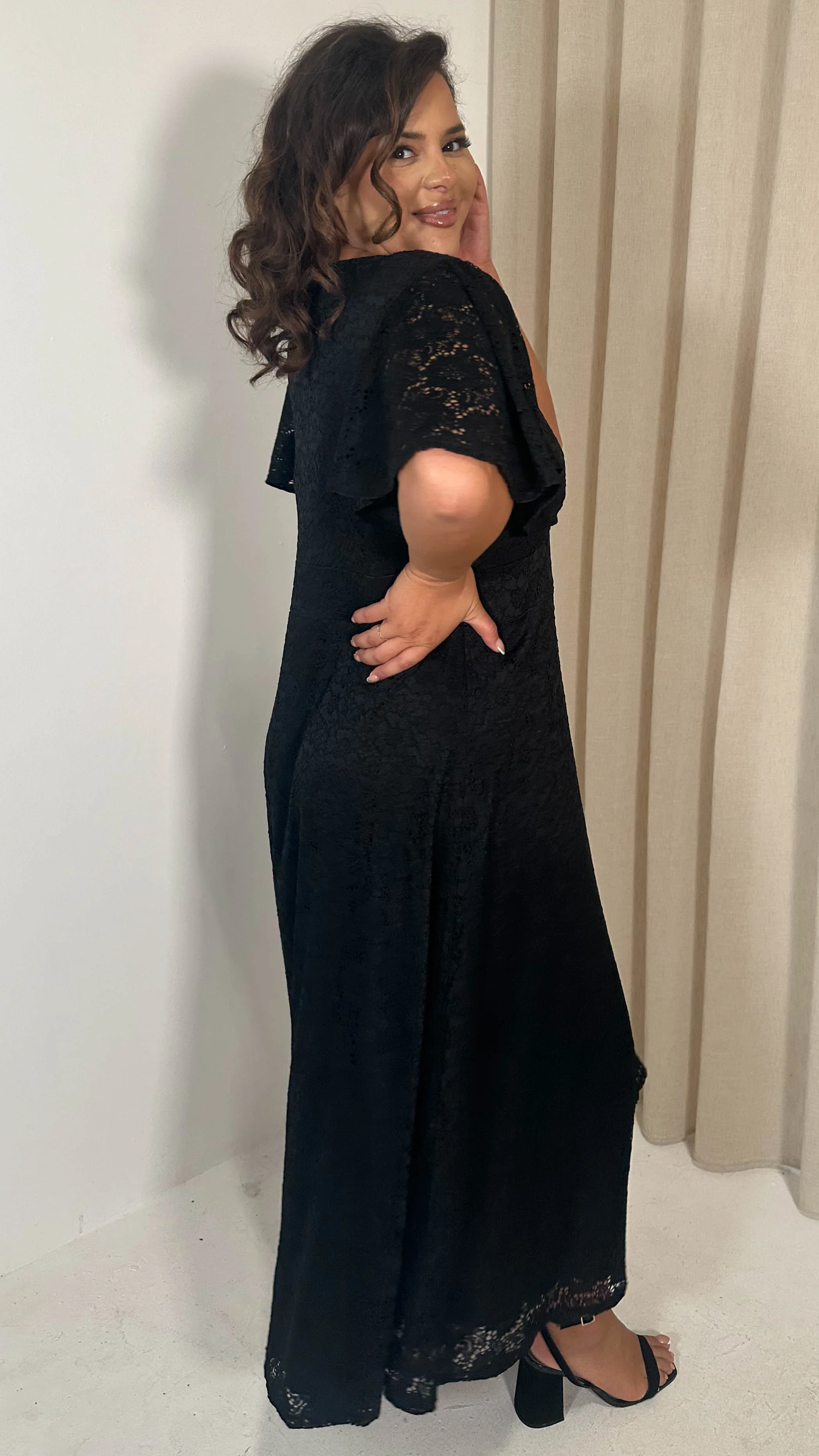CurveWow Lace Angel Sleeve Dress Black - Image 6