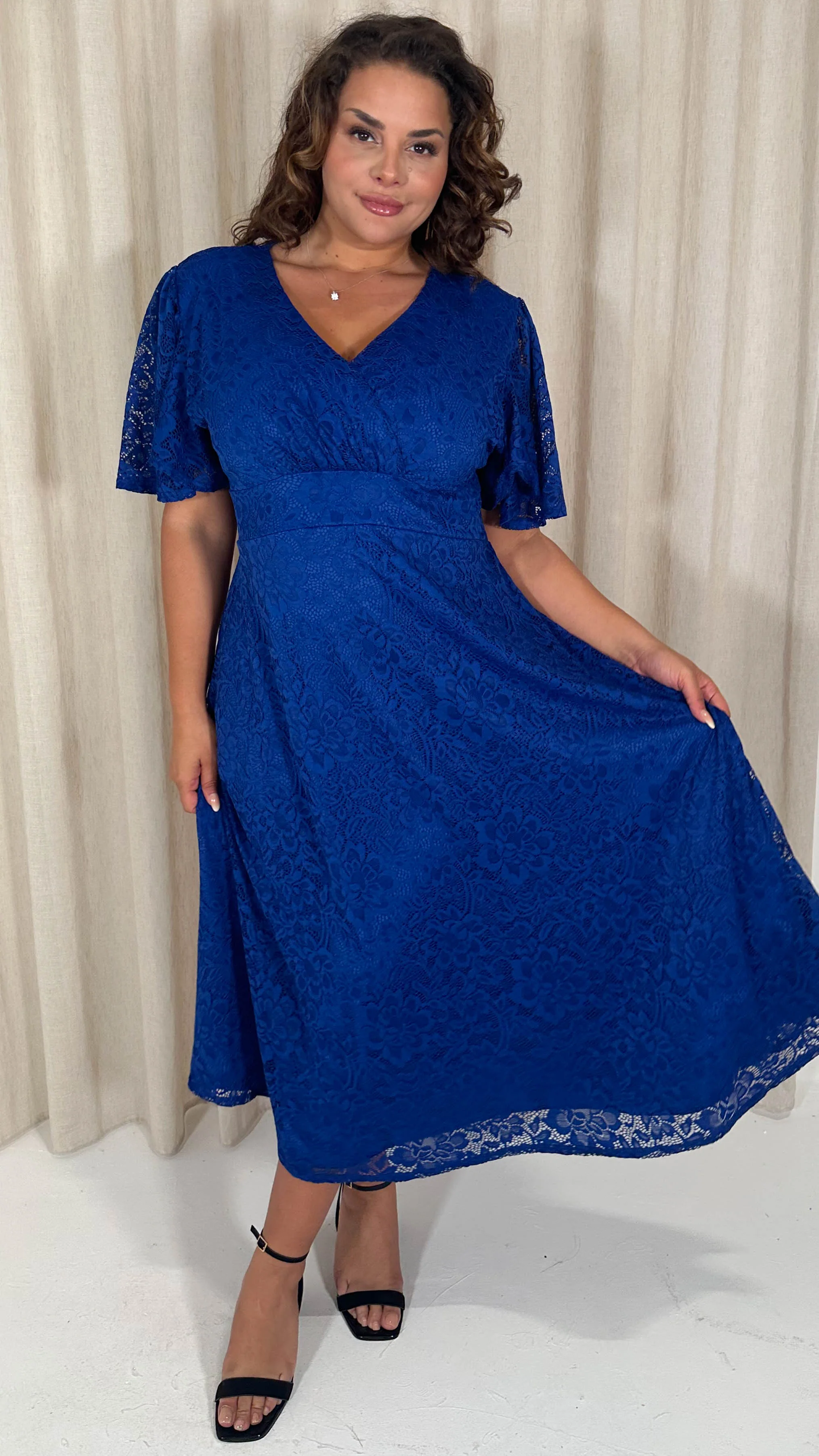 CurveWow Lace Angel Sleeve Dress Cobalt Blue - Image 5