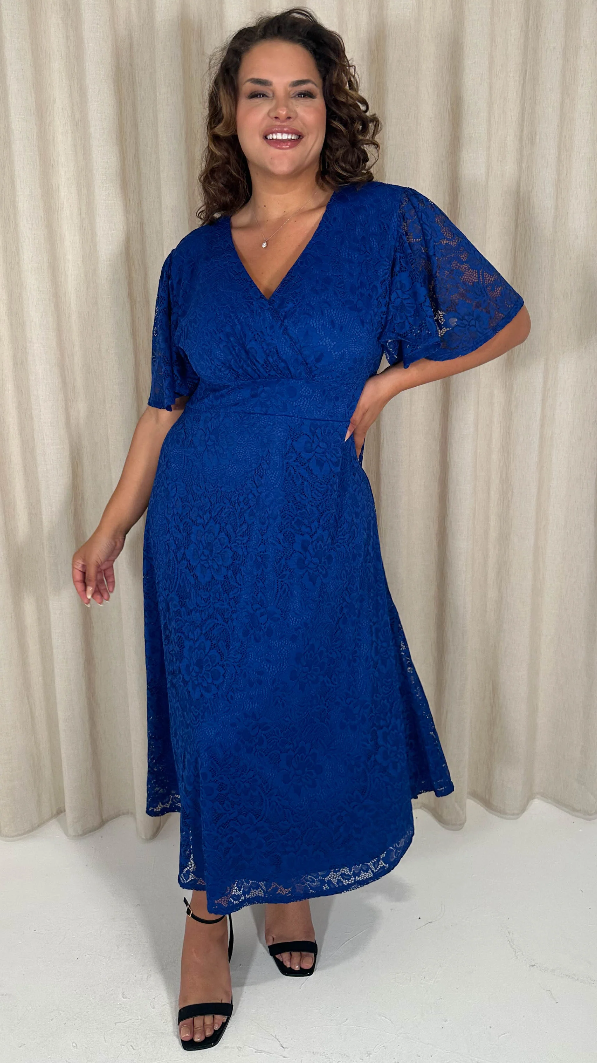 CurveWow Lace Angel Sleeve Dress Cobalt Blue - Image 6