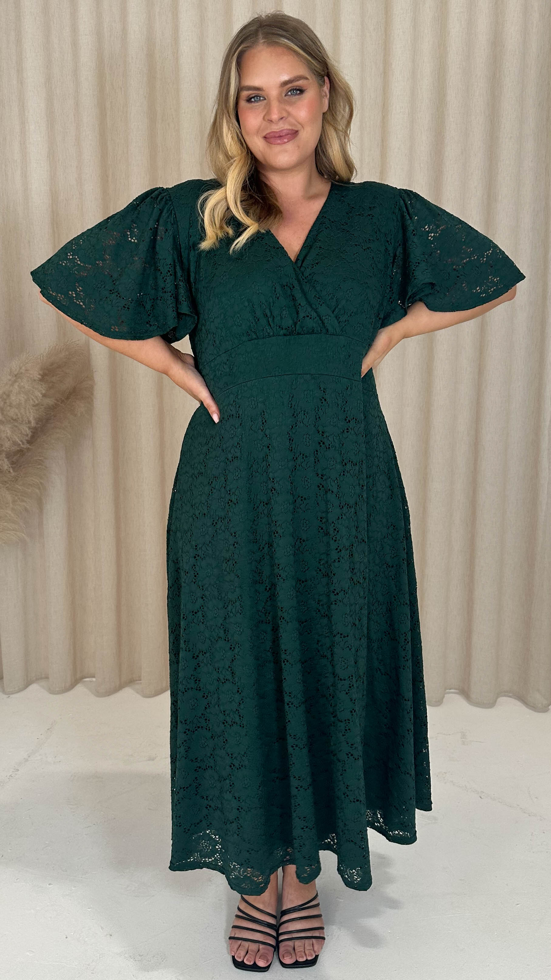 CurveWow Lace Angel Sleeve Dress Forest Green - Image 7