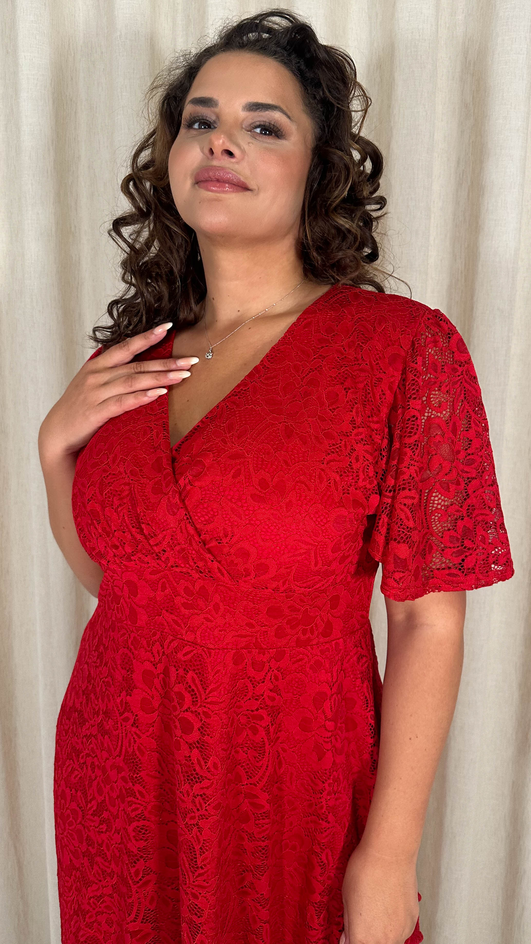 CurveWow Lace Angel Sleeve Dress Red - Image 2