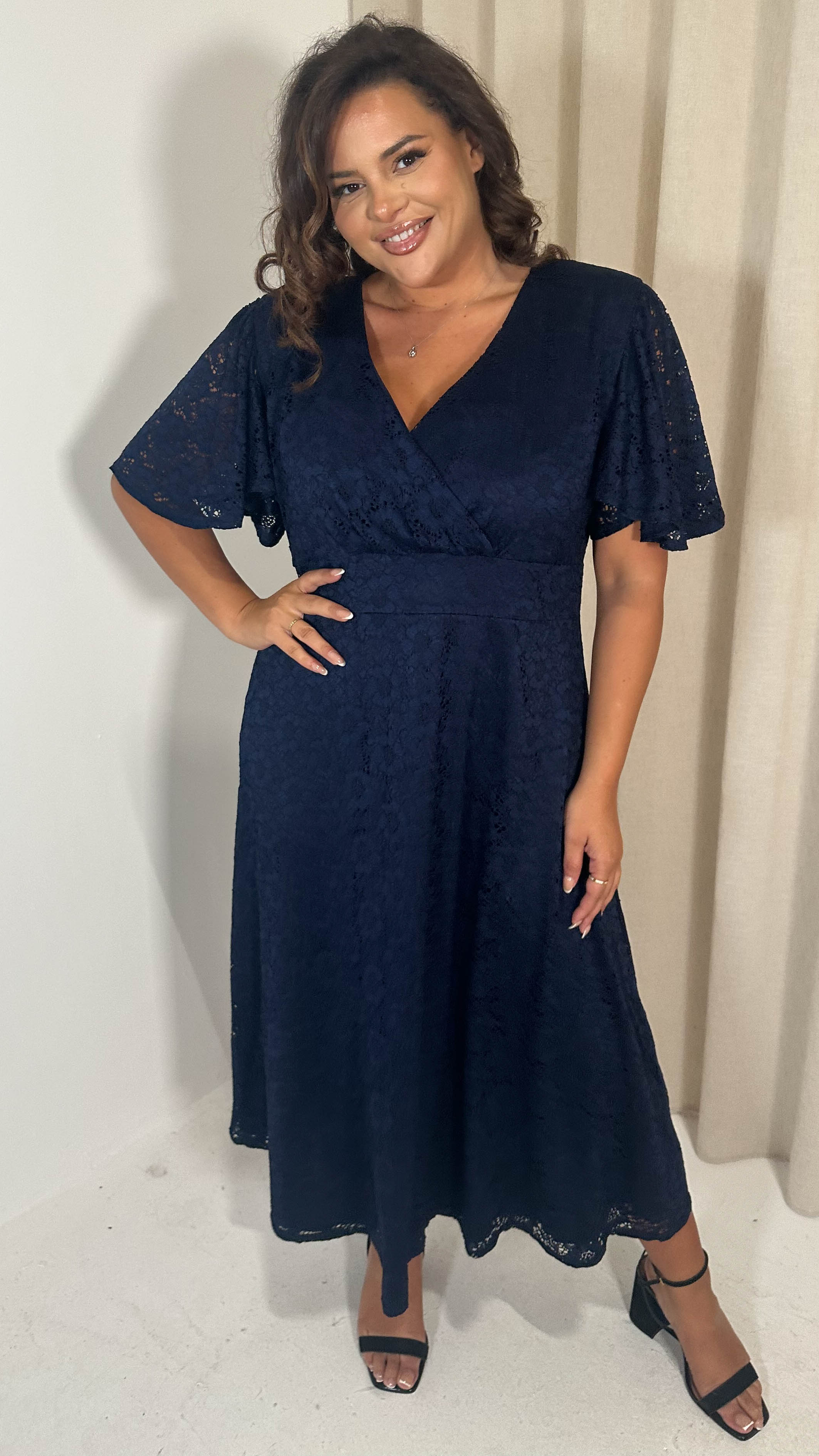 CurveWow Lace Angel Sleeve Dress Navy - Image 4