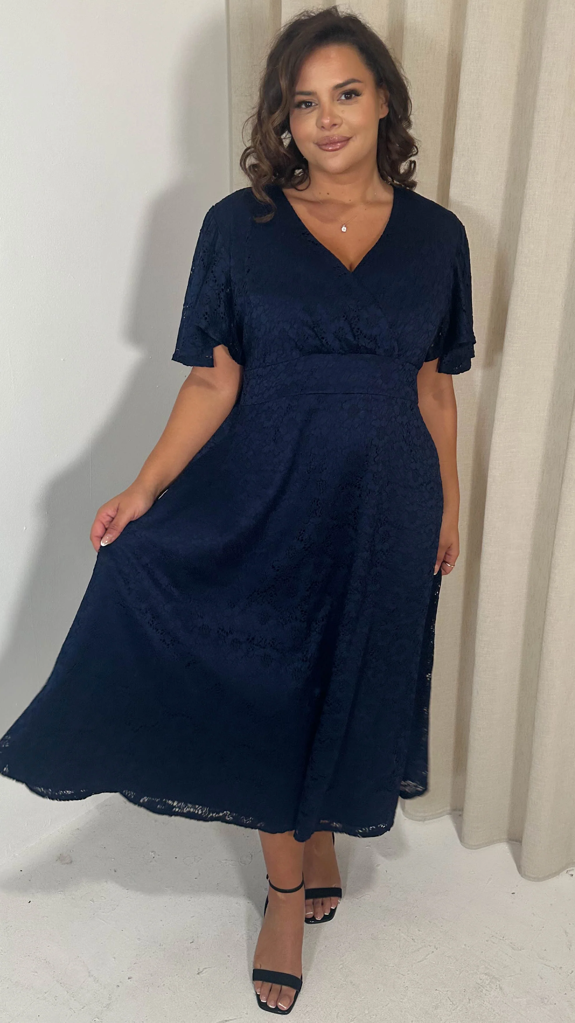 CurveWow Lace Angel Sleeve Dress Navy - Image 5