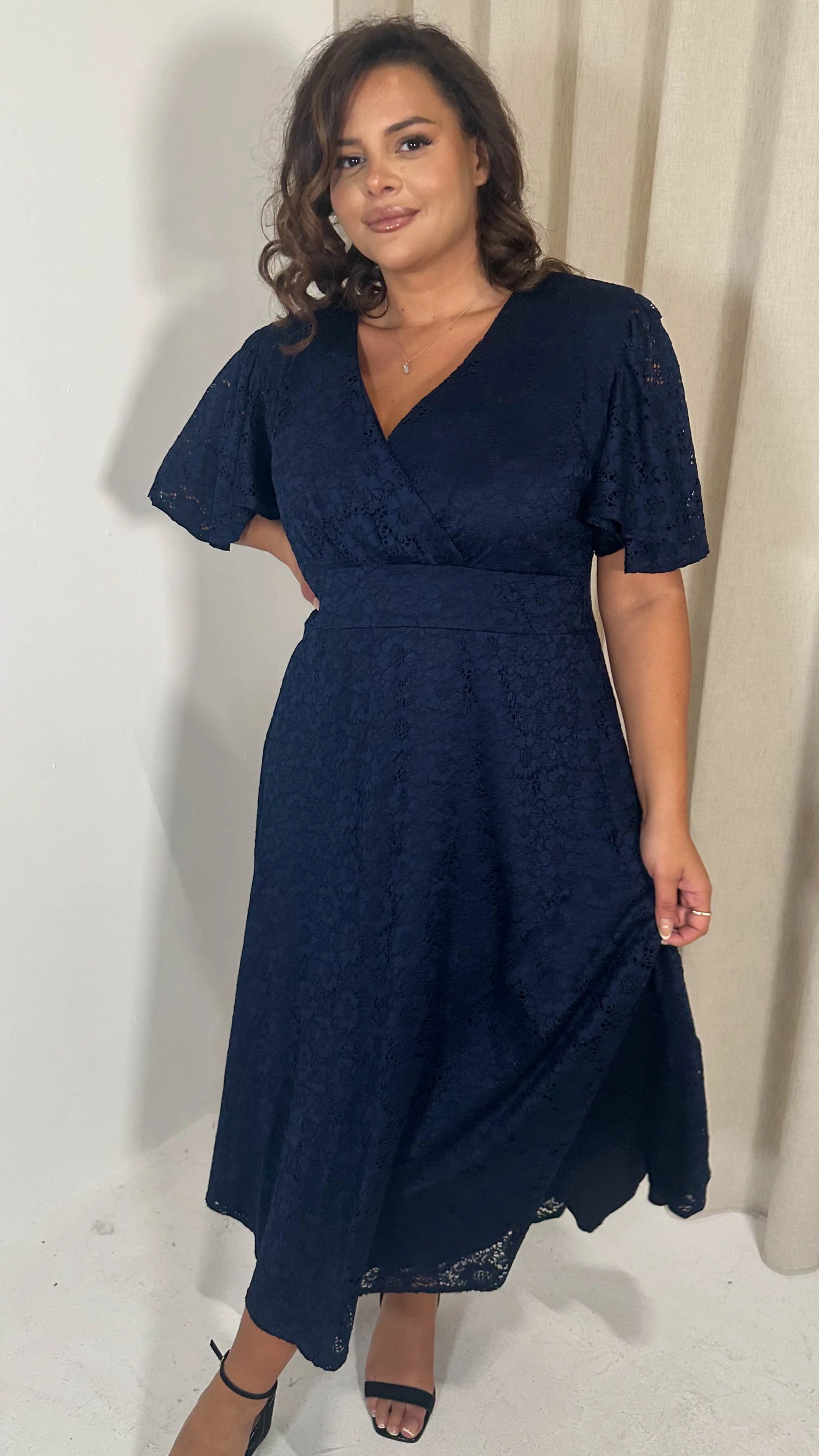 CurveWow Lace Angel Sleeve Dress Navy - Image 7