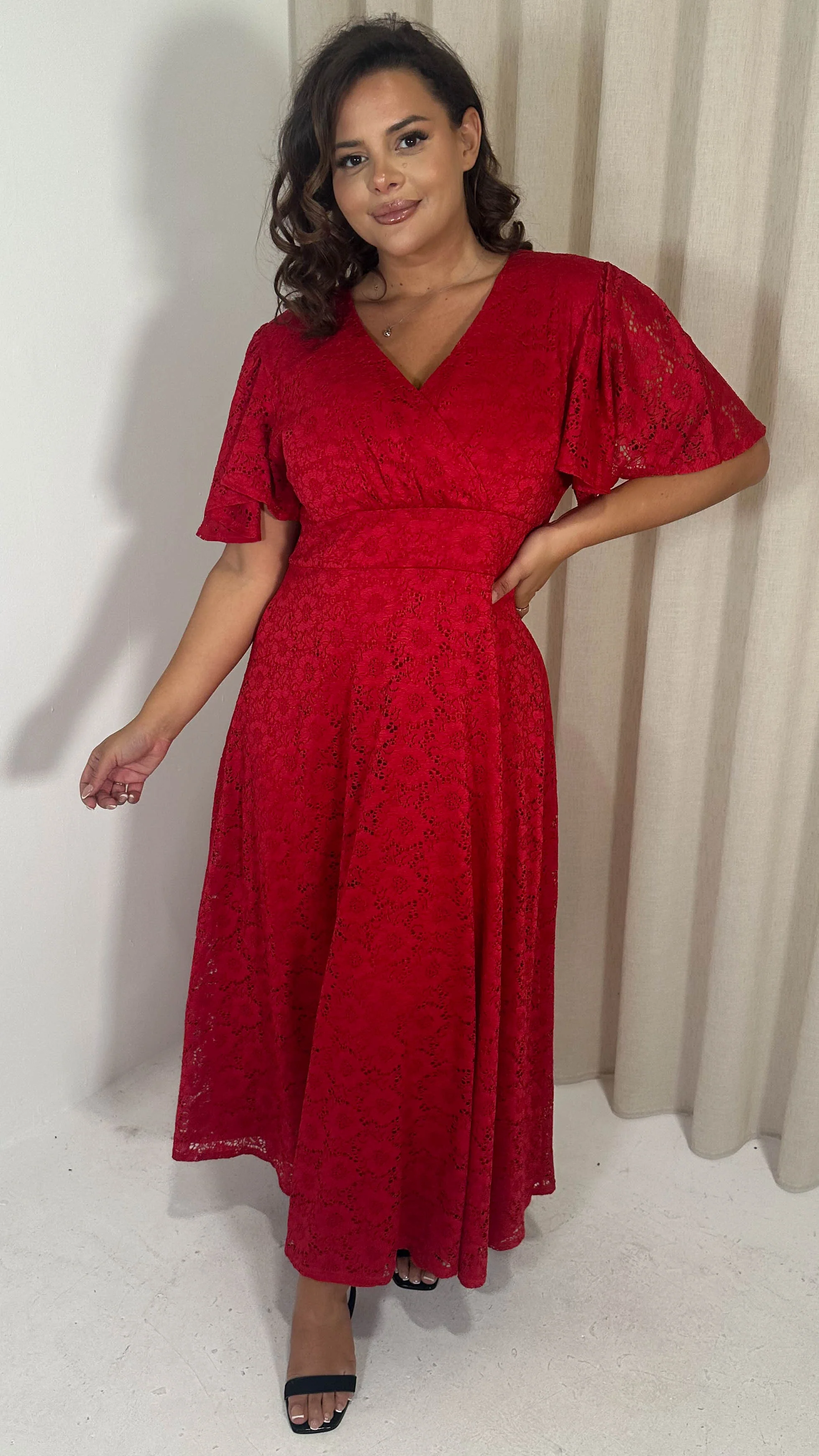 CurveWow Lace Angel Sleeve Maxi Dress Red - Image 7