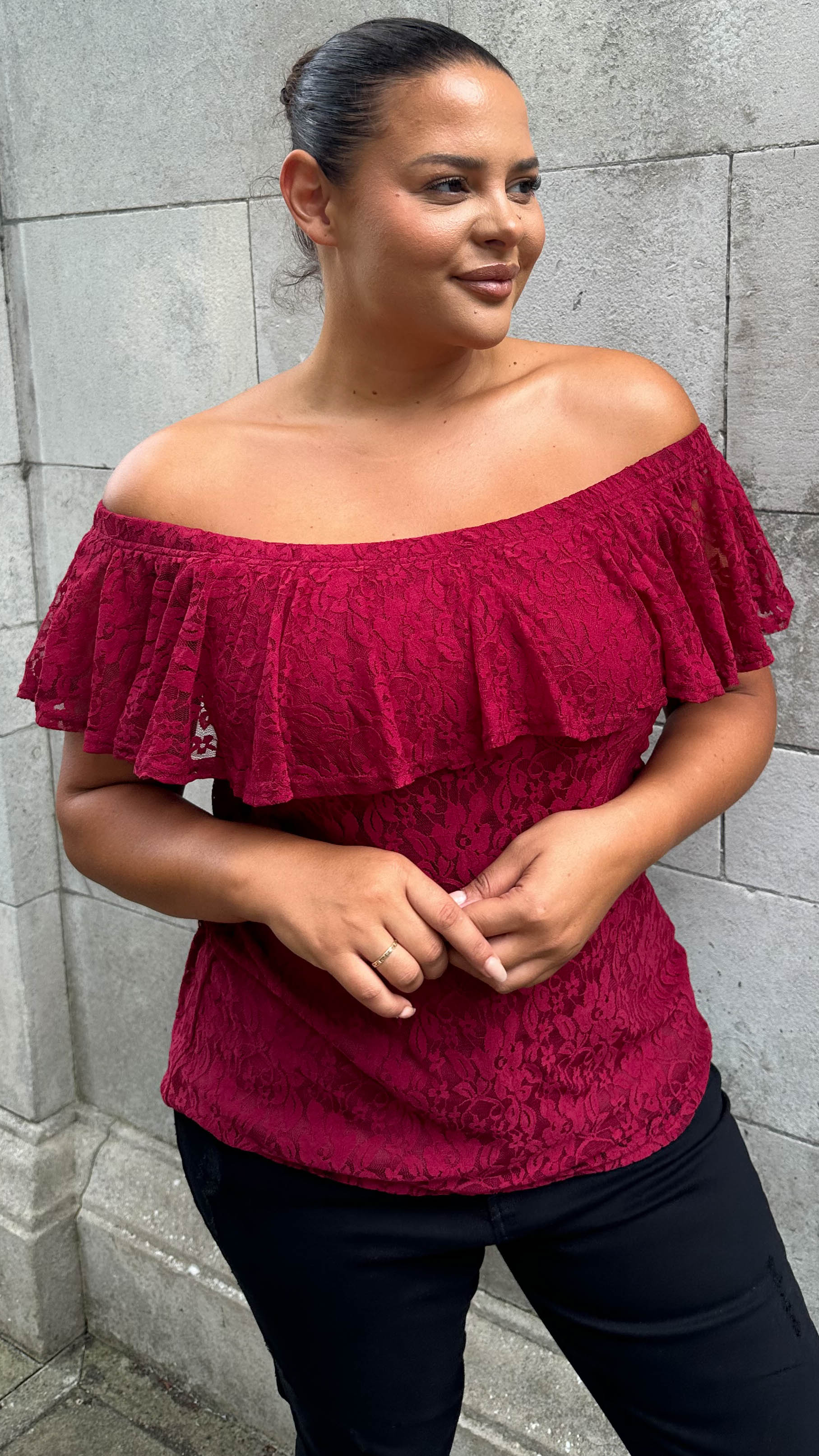 CurveWow Lace Bardot Top Wine - Image 2