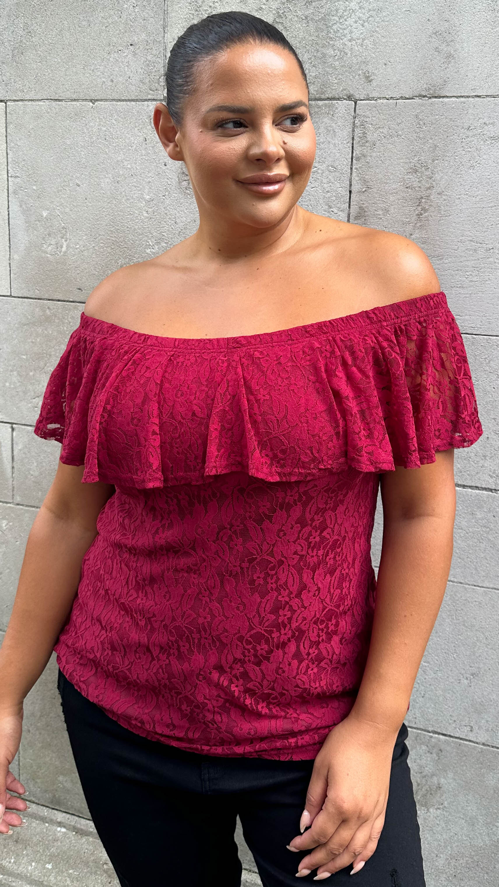 CurveWow Lace Bardot Top Wine - Image 3