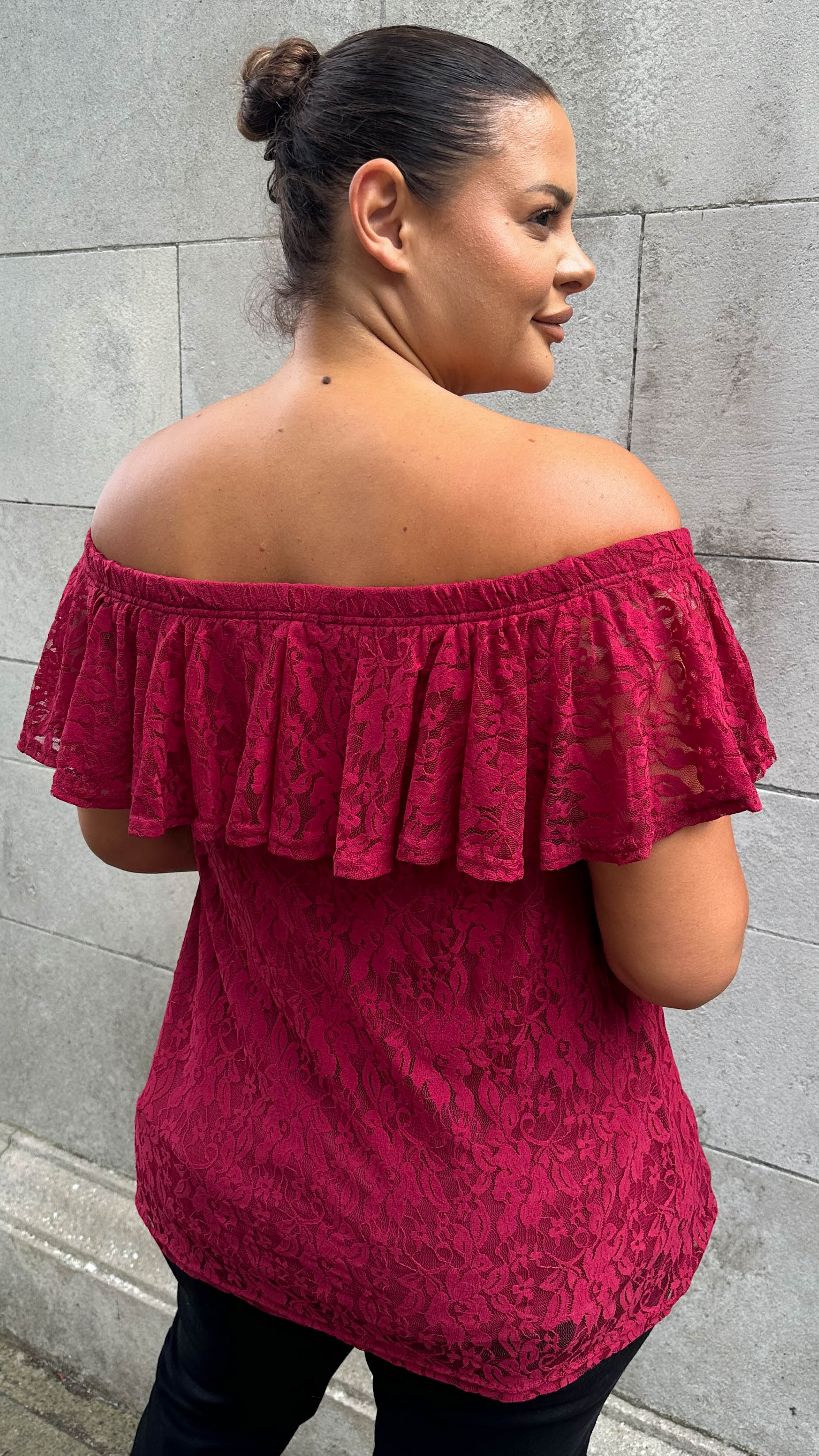 CurveWow Lace Bardot Top Wine - Image 6