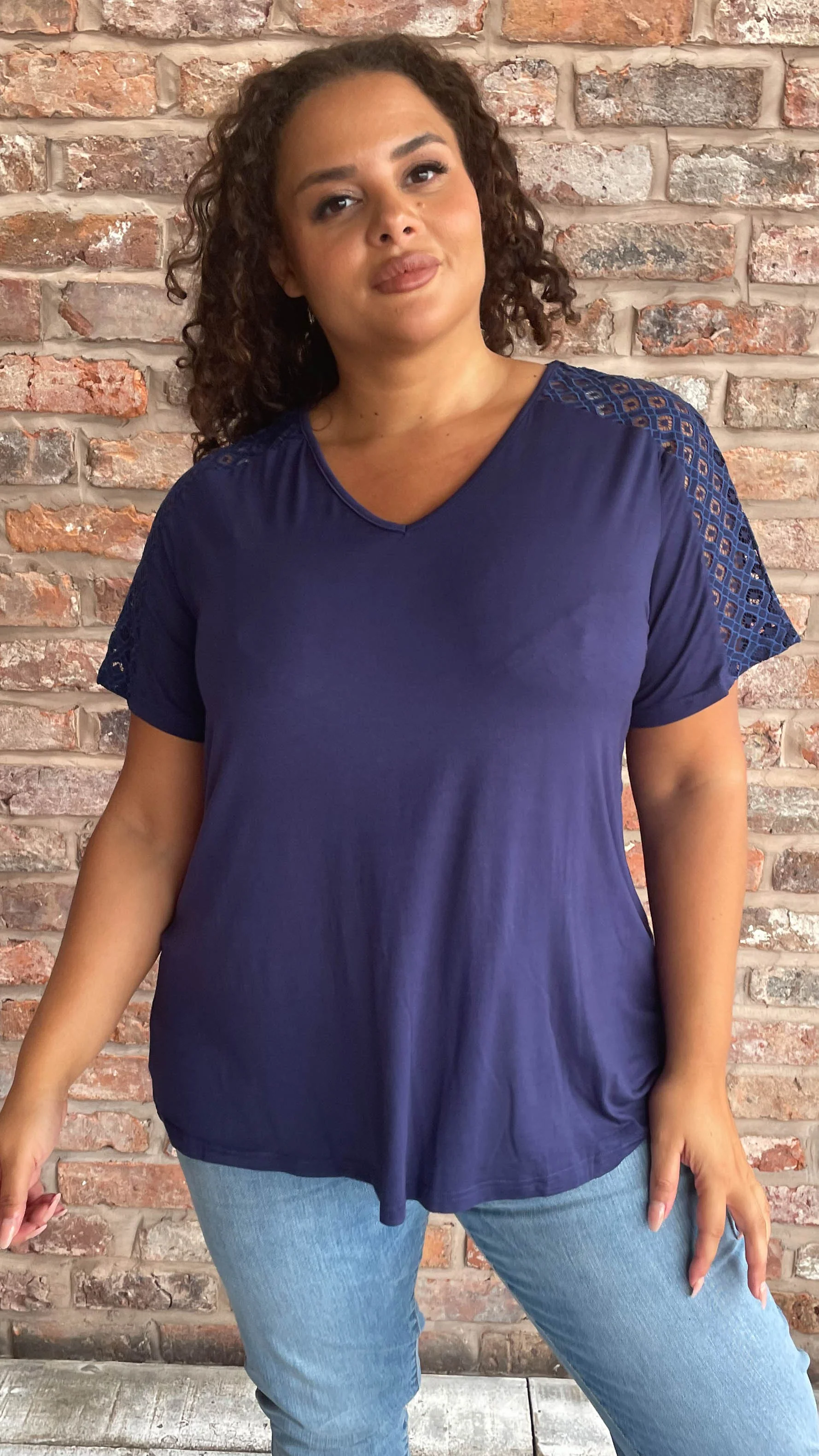 CurveWow Lace Detail T-Shirt Navy