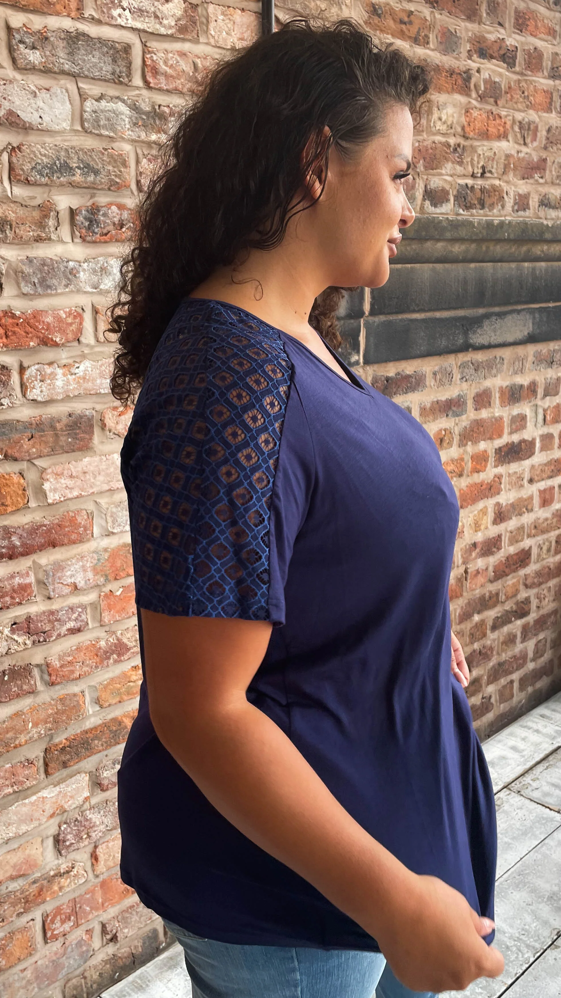 CurveWow Lace Detail T-Shirt Navy - Image 2