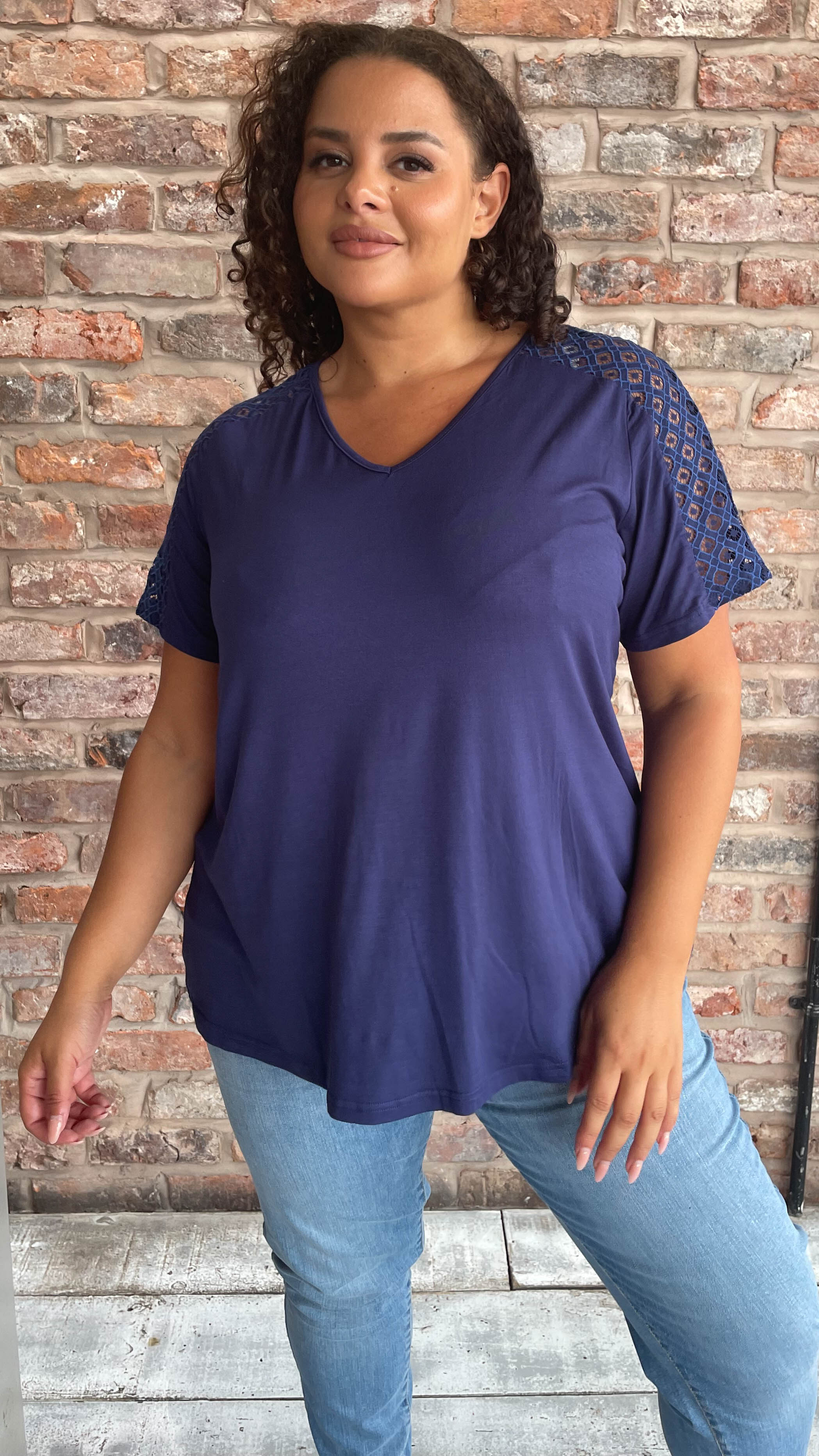 CurveWow Lace Detail T-Shirt Navy - Image 3