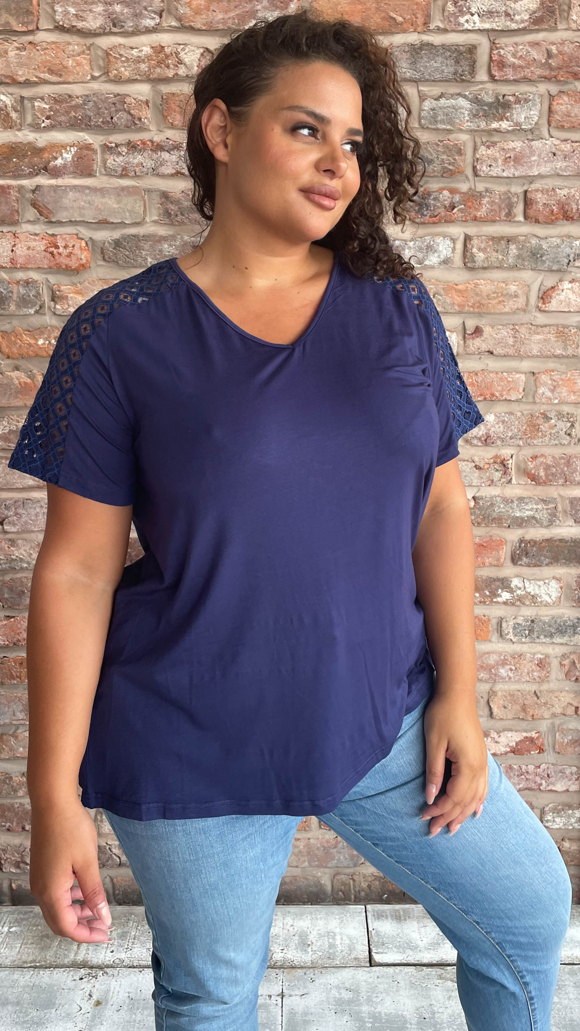 CurveWow Lace Detail T-Shirt Navy - Image 4