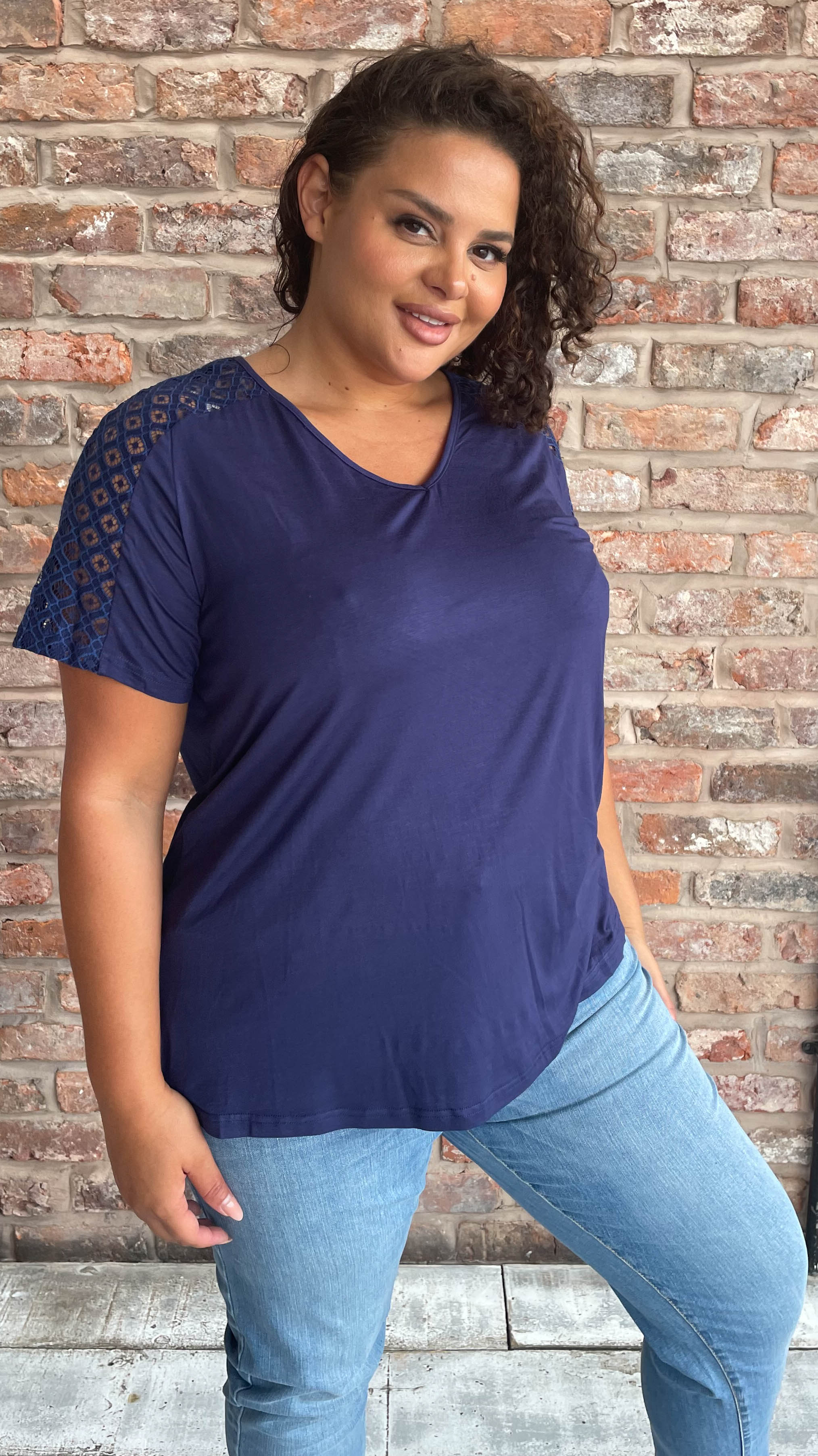 CurveWow Lace Detail T-Shirt Navy - Image 5