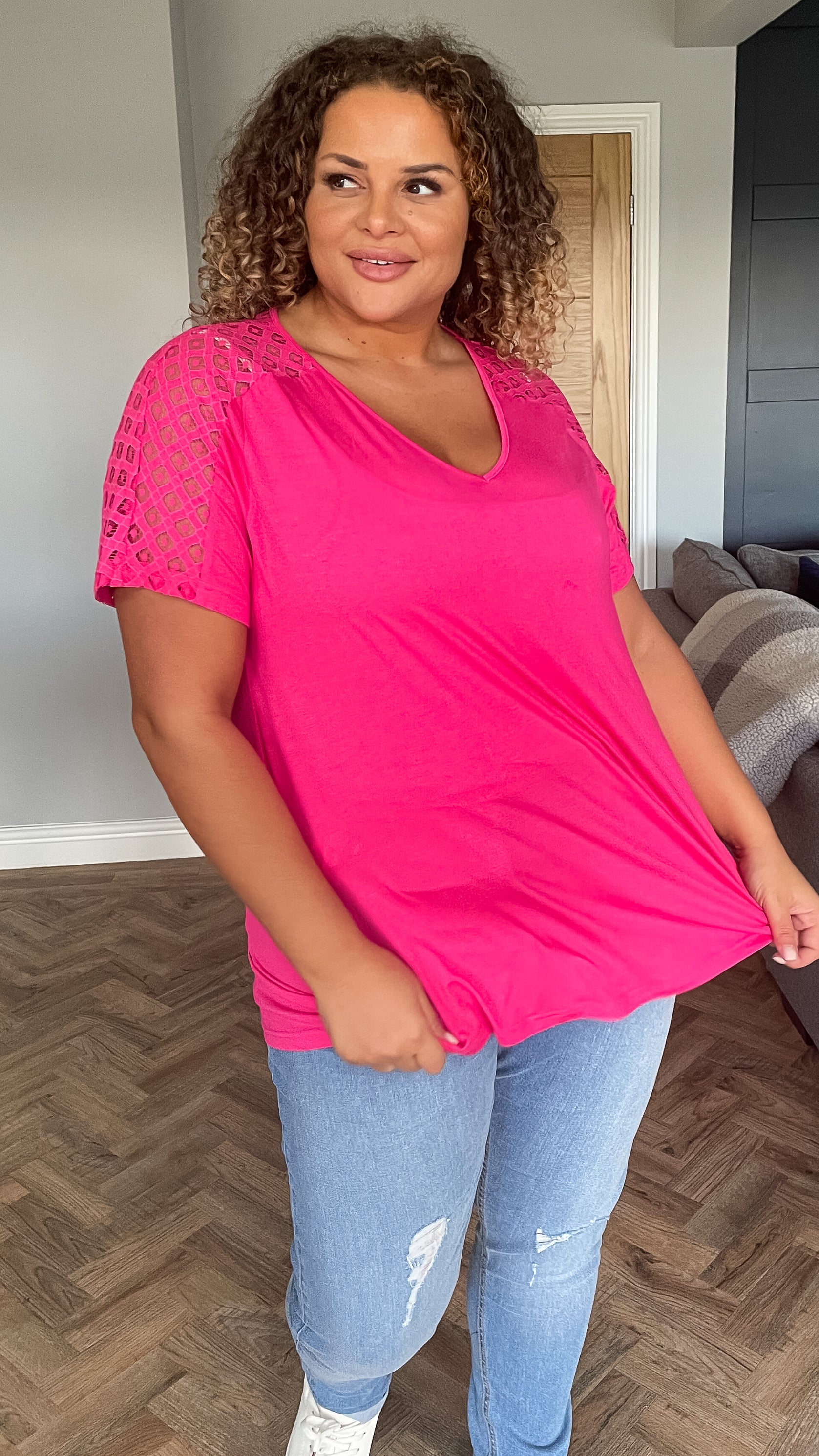 CurveWow Lace Detail T-Shirt Pink - Image 3